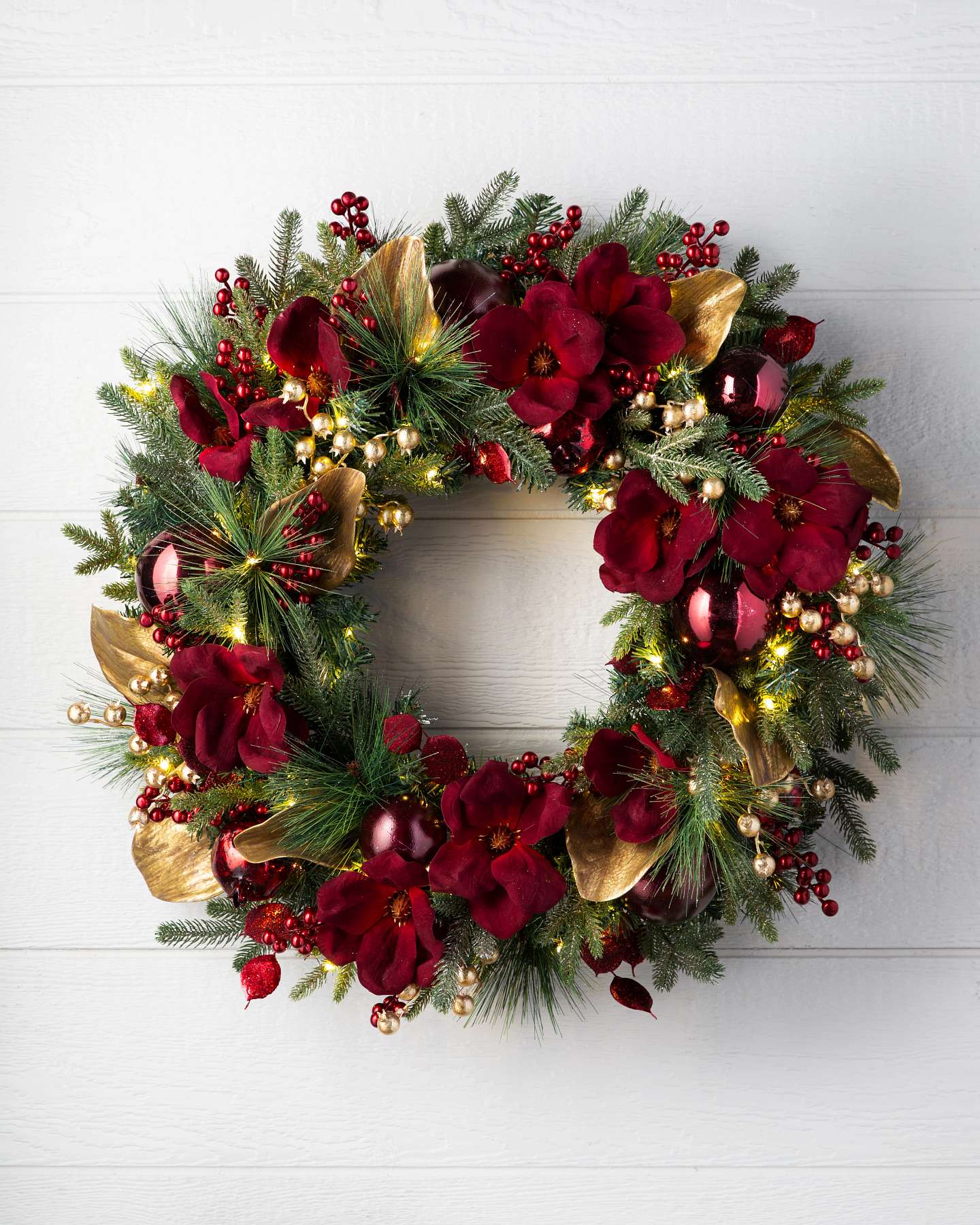 Balsam Hill Gilded Glory Magnolia Artificial Christmas Wreath with Clear LED Lights