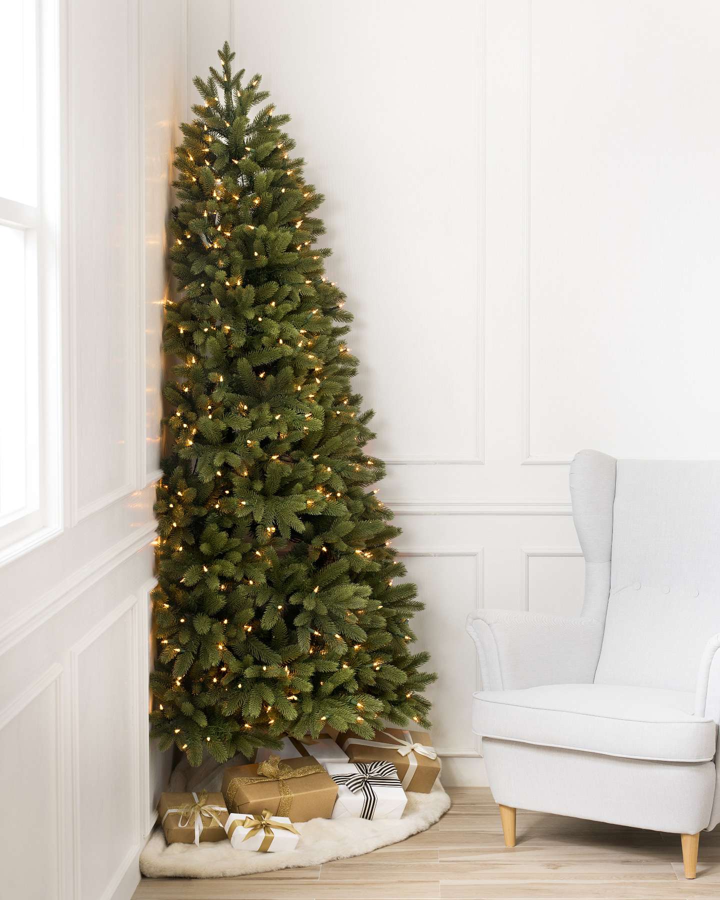 Balsam Hill Park Avenue Corner Artificial Christmas Tree with Clear LED Lights Closeup