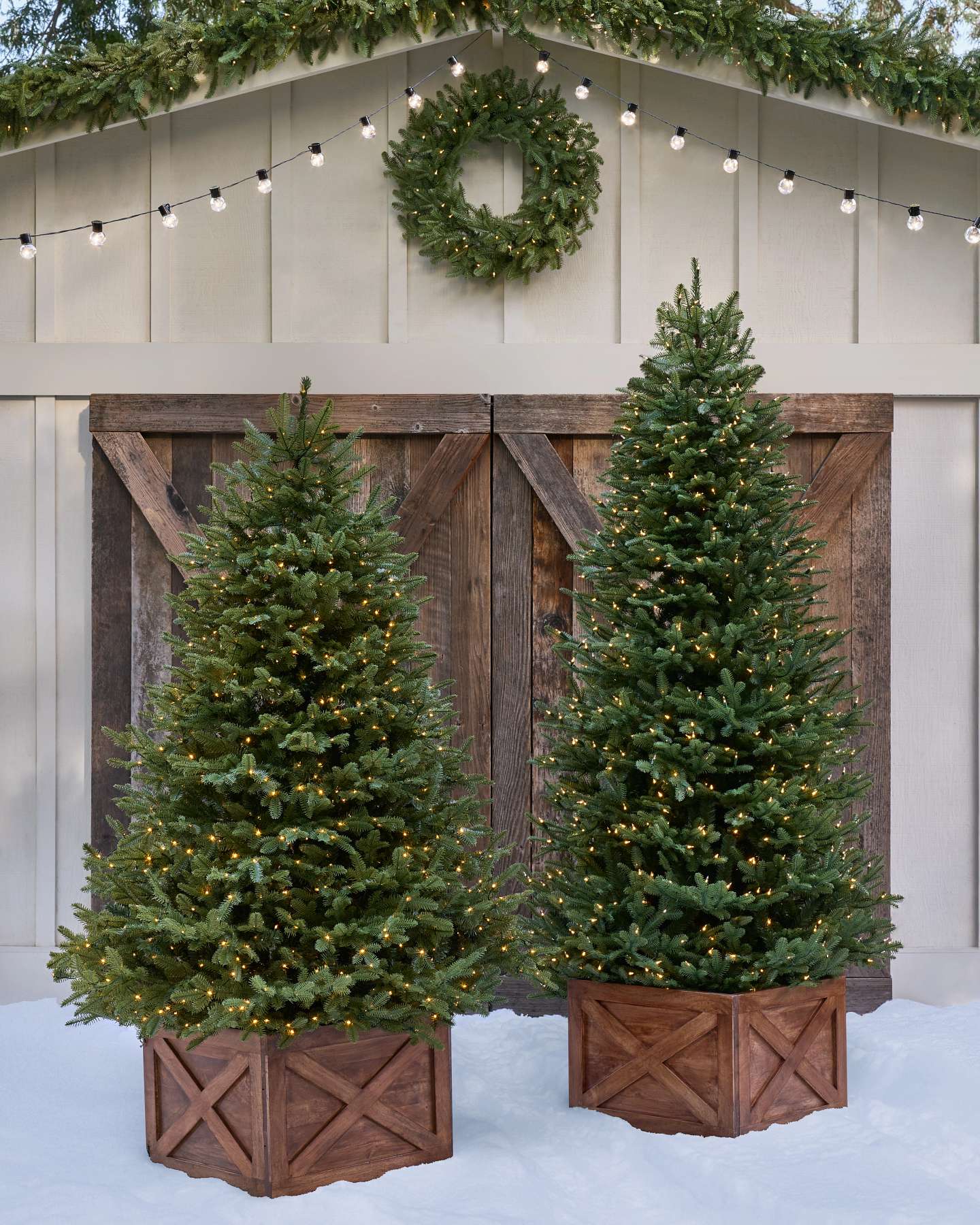 Balsam Hill BH Balsam Fir Artificial Christmas Trees Outdoor Display with Snow