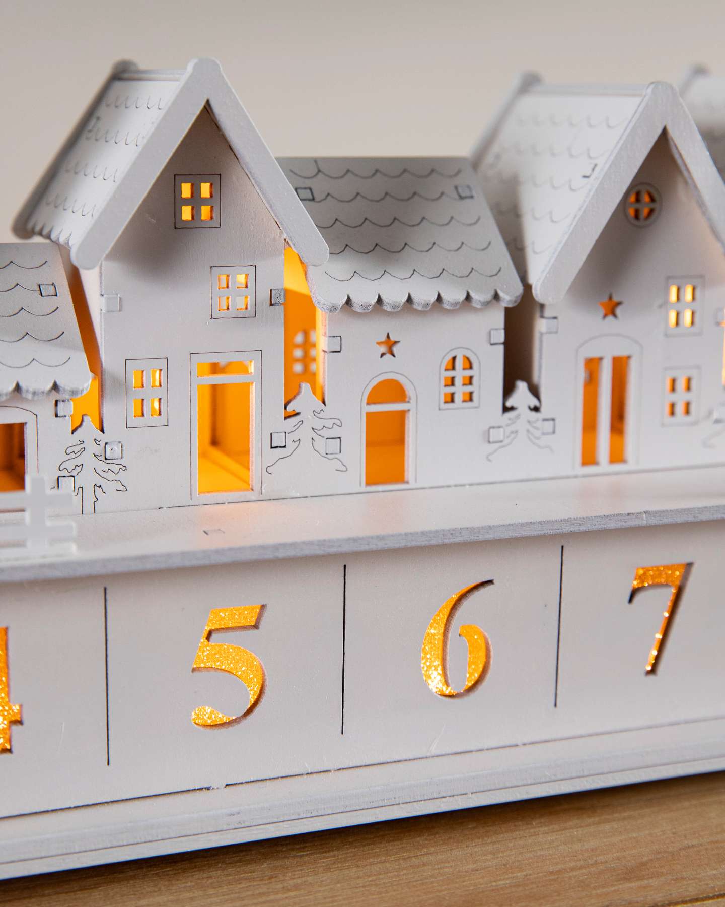 Balsam Hill White Wooden Christmas Village Advent Calendar Closeup