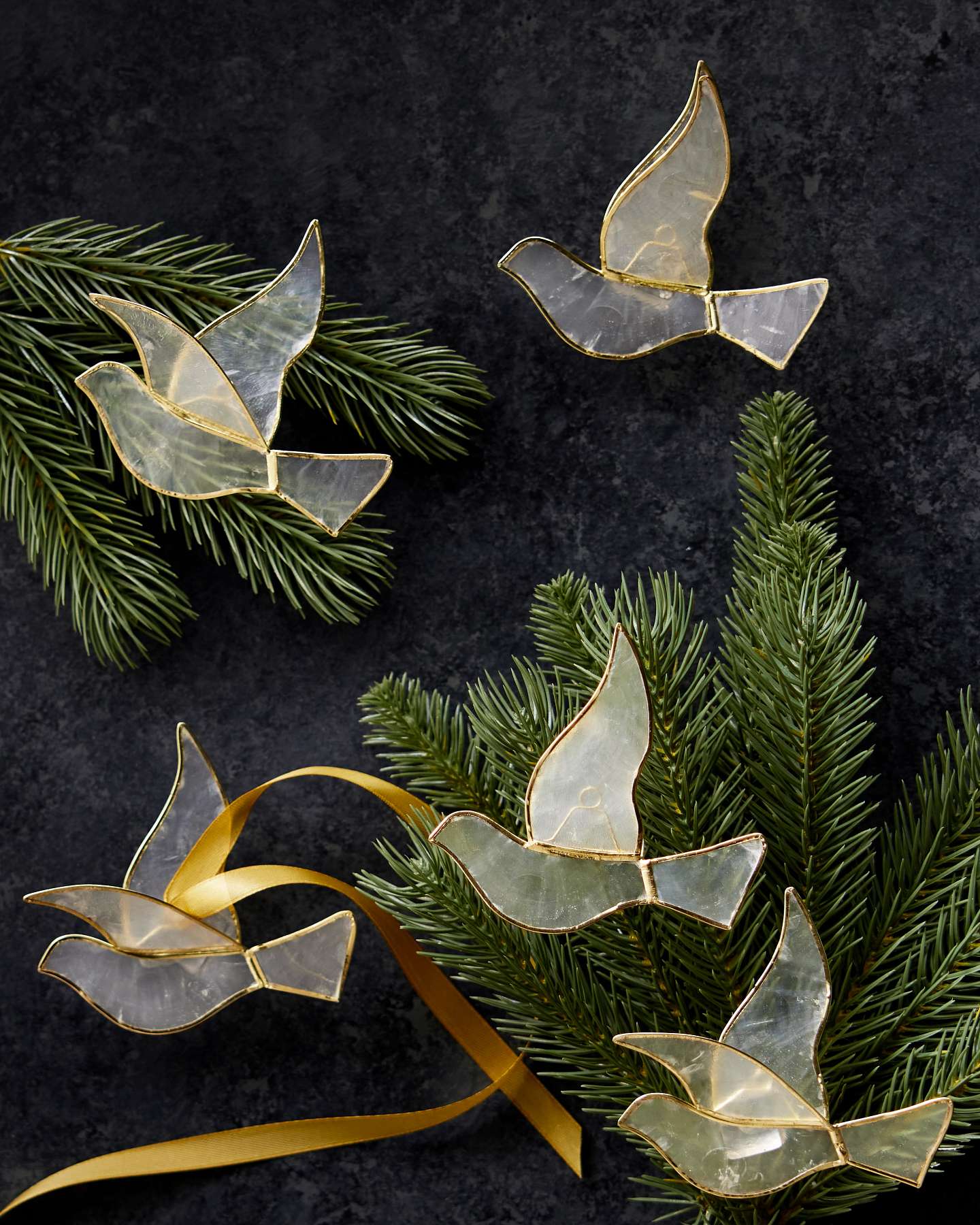 Balsam Hill Golden Dove Capiz Christmas Ornament Set of 8 Displayed with Artificial Christmas Tree Foliage