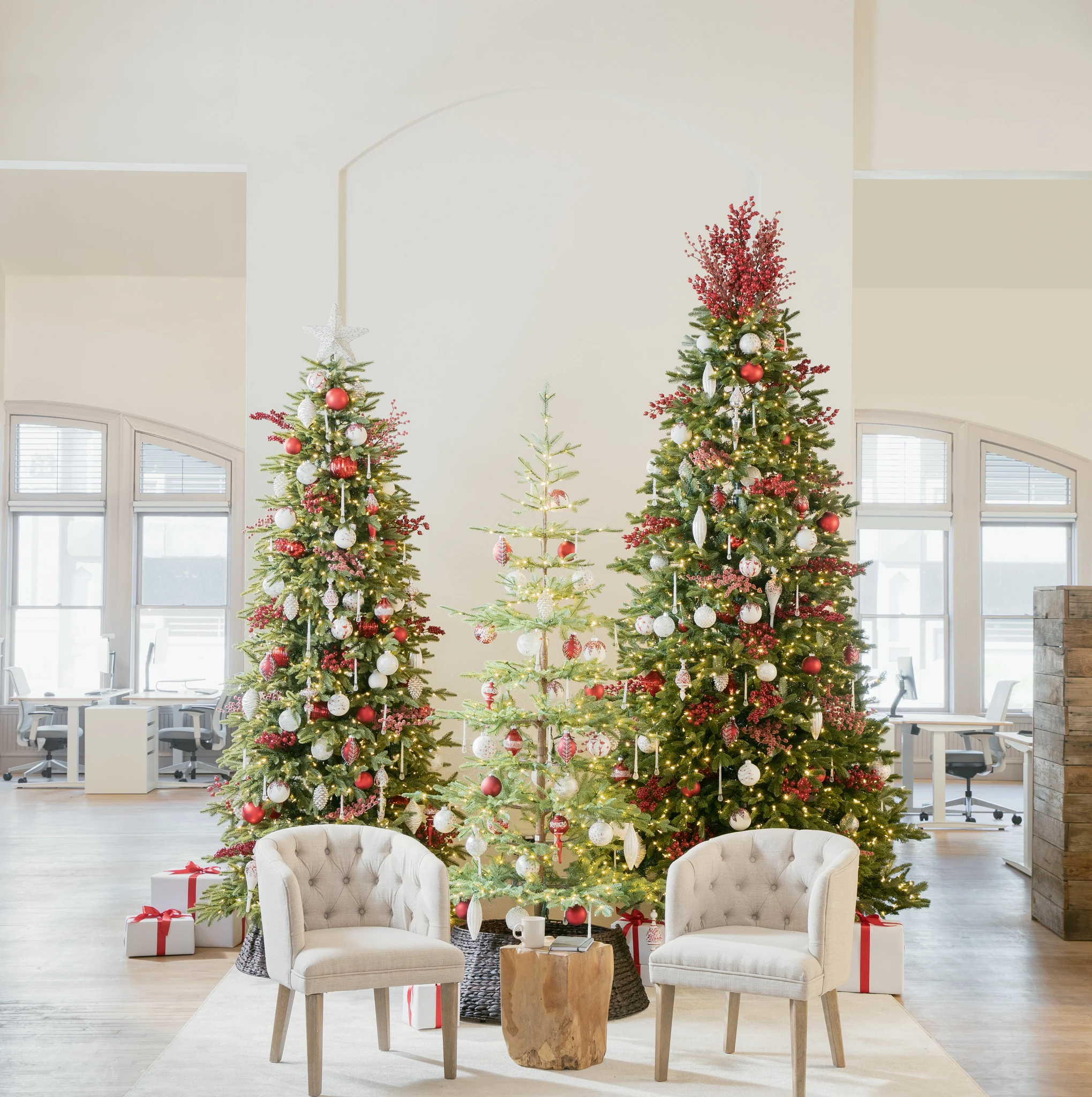 Office space decorated with Christmas trees