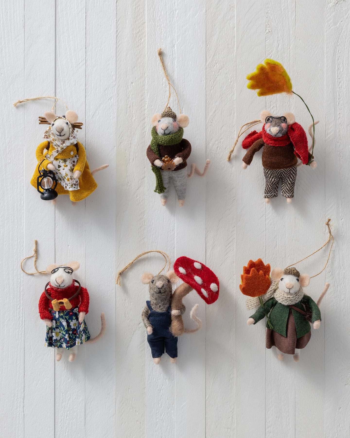 Balsam Hill Forest Forager Mice Felt Christmas Ornament Set of 6 Display