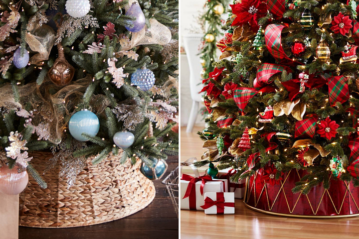 Collage of Christmas trees decorated with woven and red drum tree collars