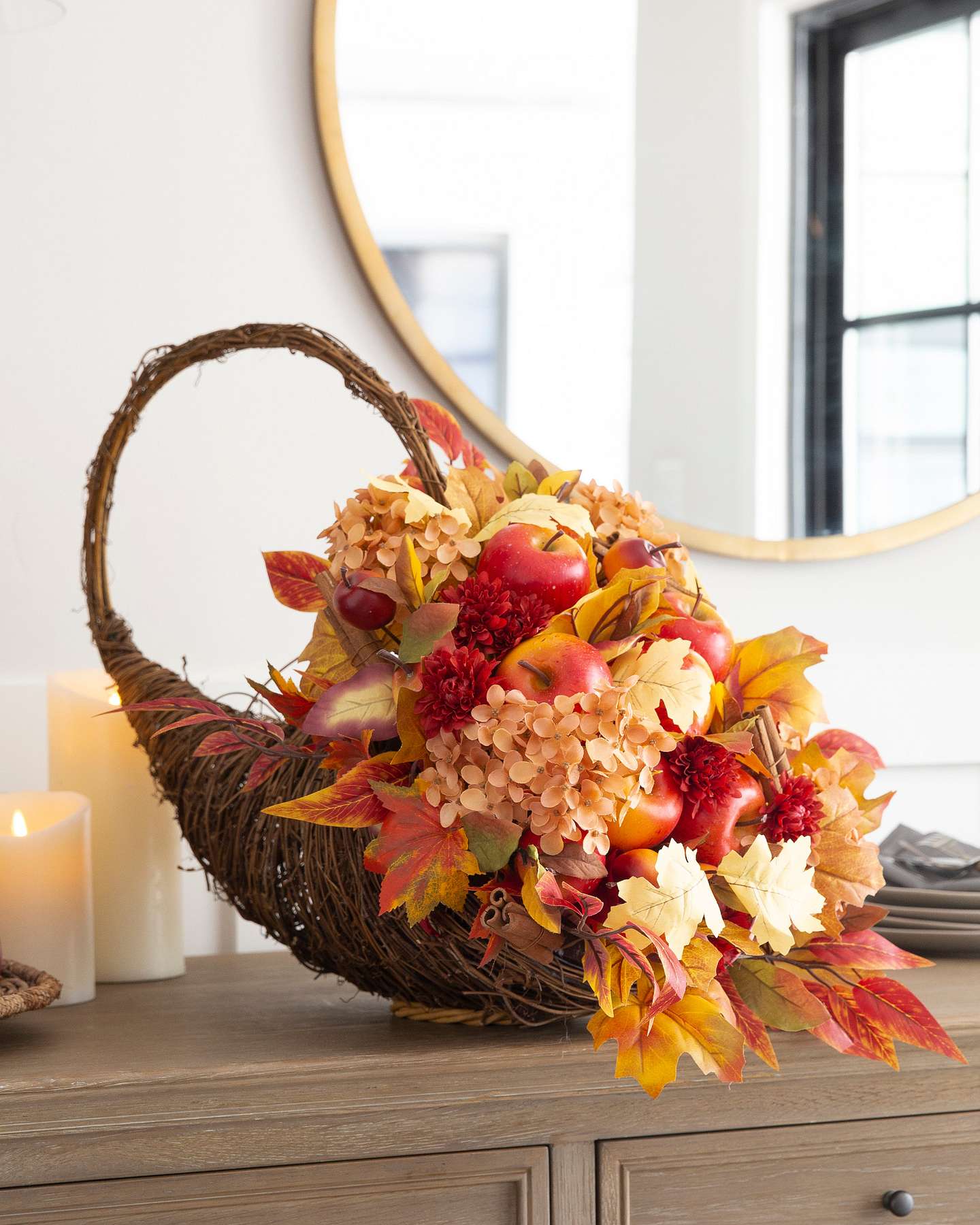 Balsam Hill Apple Spice Artificial Fall Foliage Lifestyle Display with Mirron in the Background