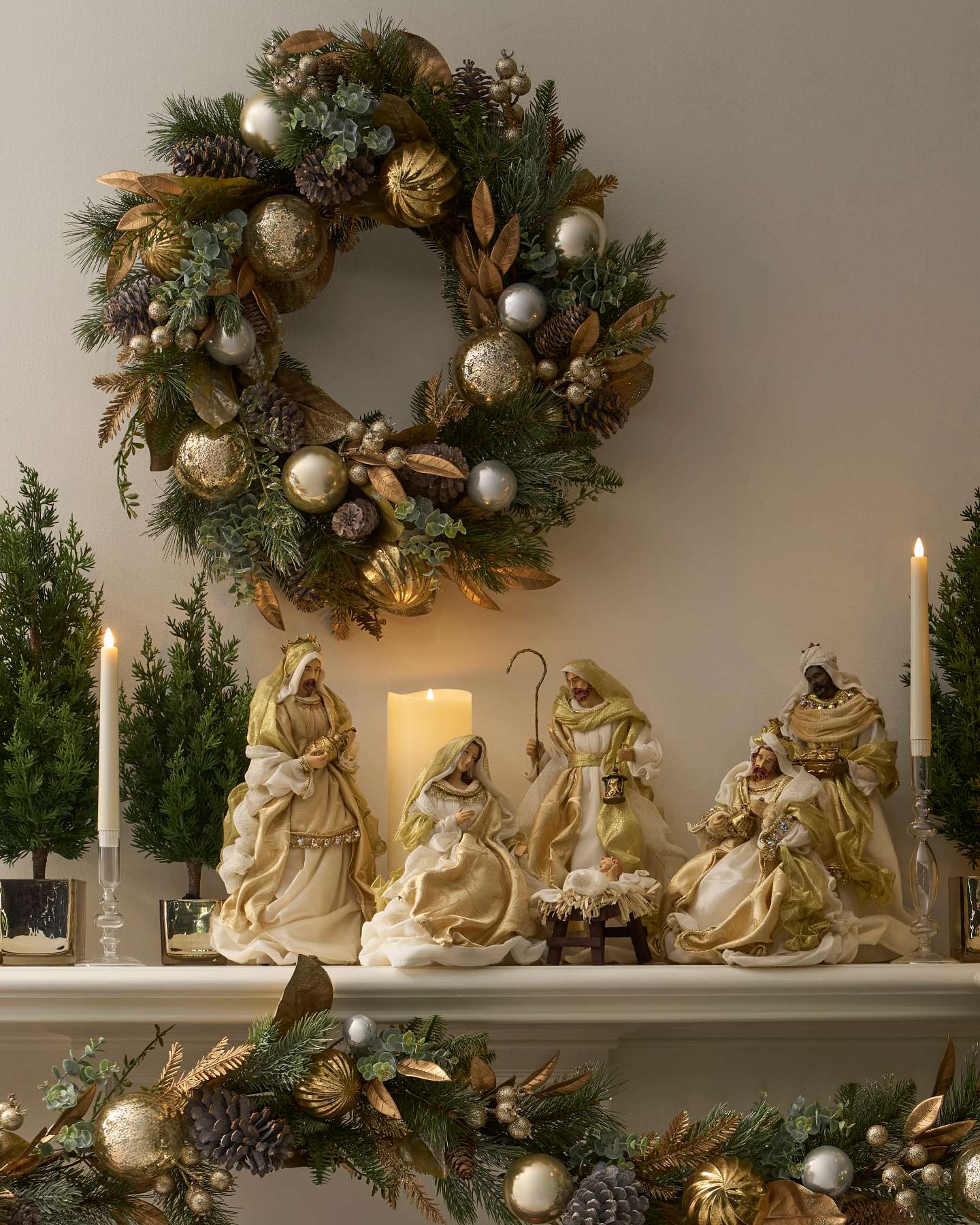 Balsam Hill Gilded Forest Artificial Christmas Foliage Lifestyle Display with Nativity Set
