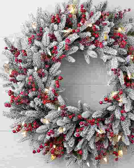 Red Berry Frosted Fraser Fir Wreath 30in LED Clear by Balsam Hill SSCR
