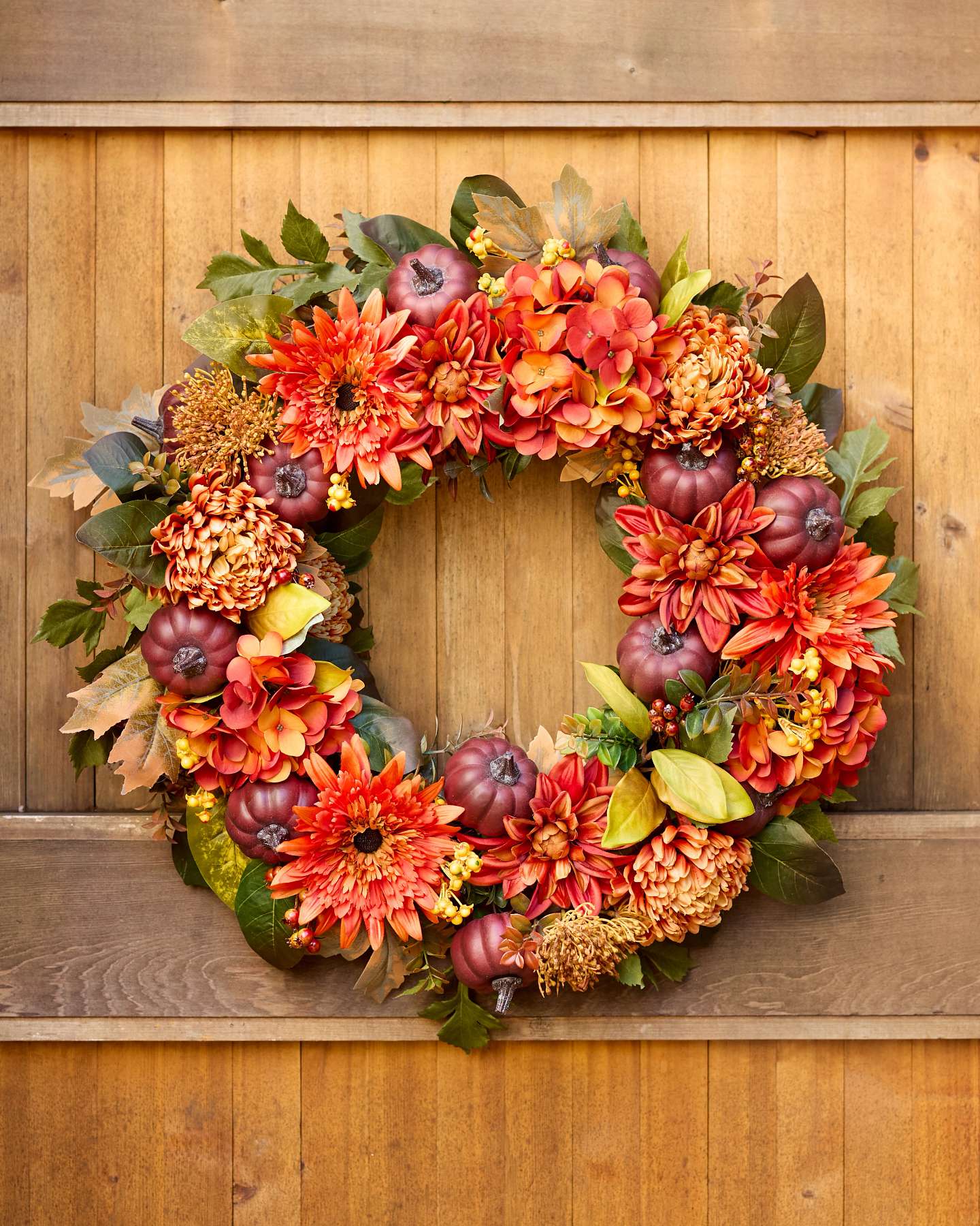 Balsam Hill Pumpkin Floral Artificial Fall Wreath on Outdoor Door Display