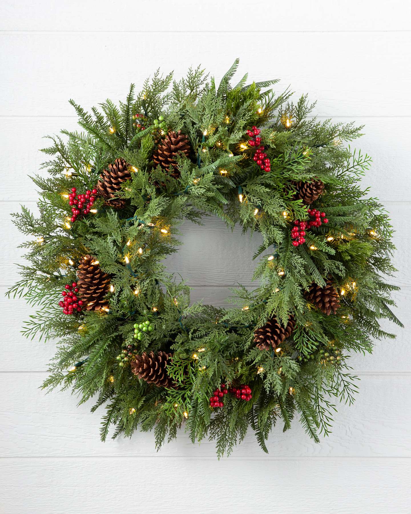 Balsam Hill Winter Evergreen Artificial Christmas Wreath with LED Lights Closeup