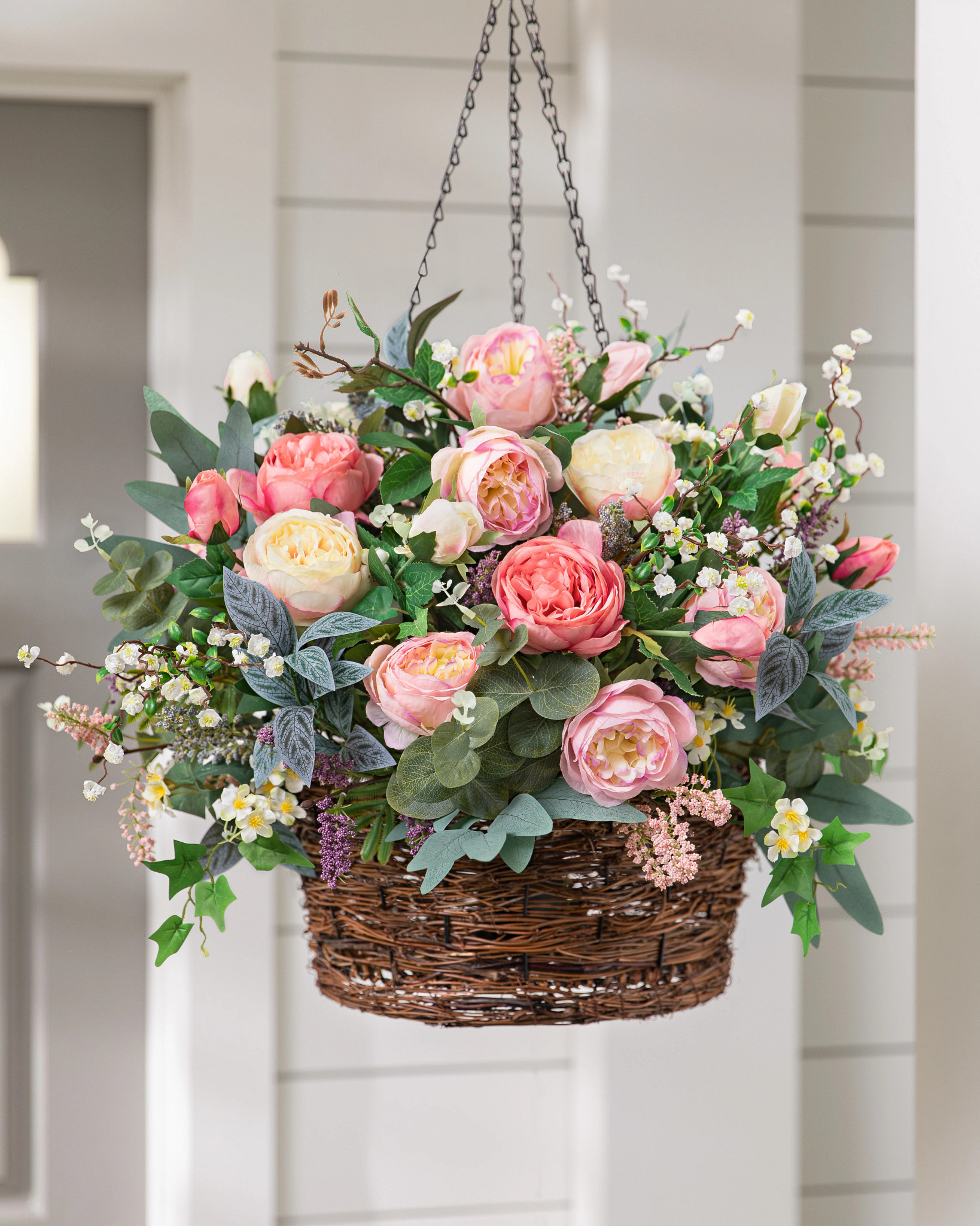 Outdoor Provence Rose Artificial Spring Hanging Basket | Balsam Hill
