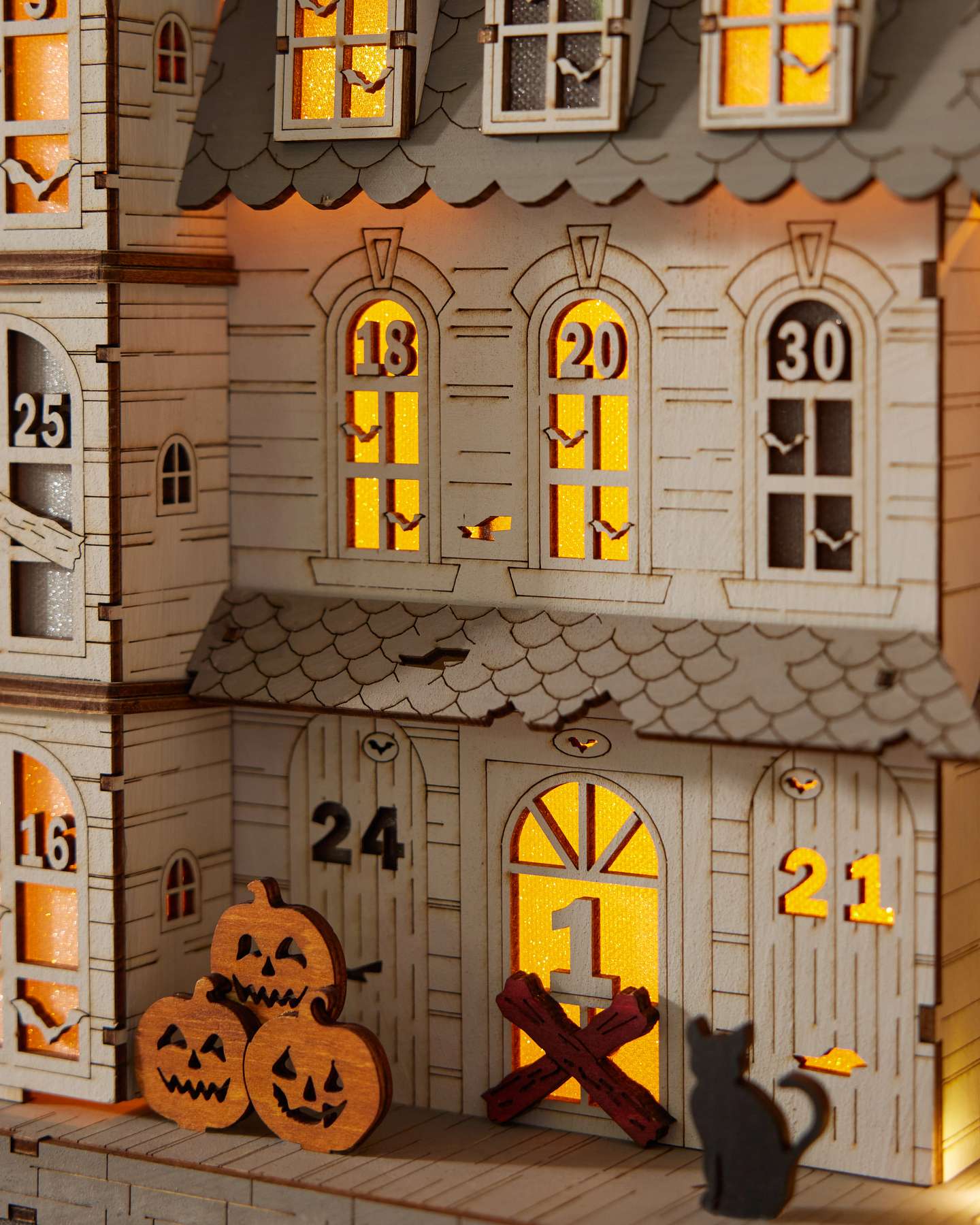 Balsam Hill Lit Wooden Halloween Countdown Calendar Close-Up with Lighted Details