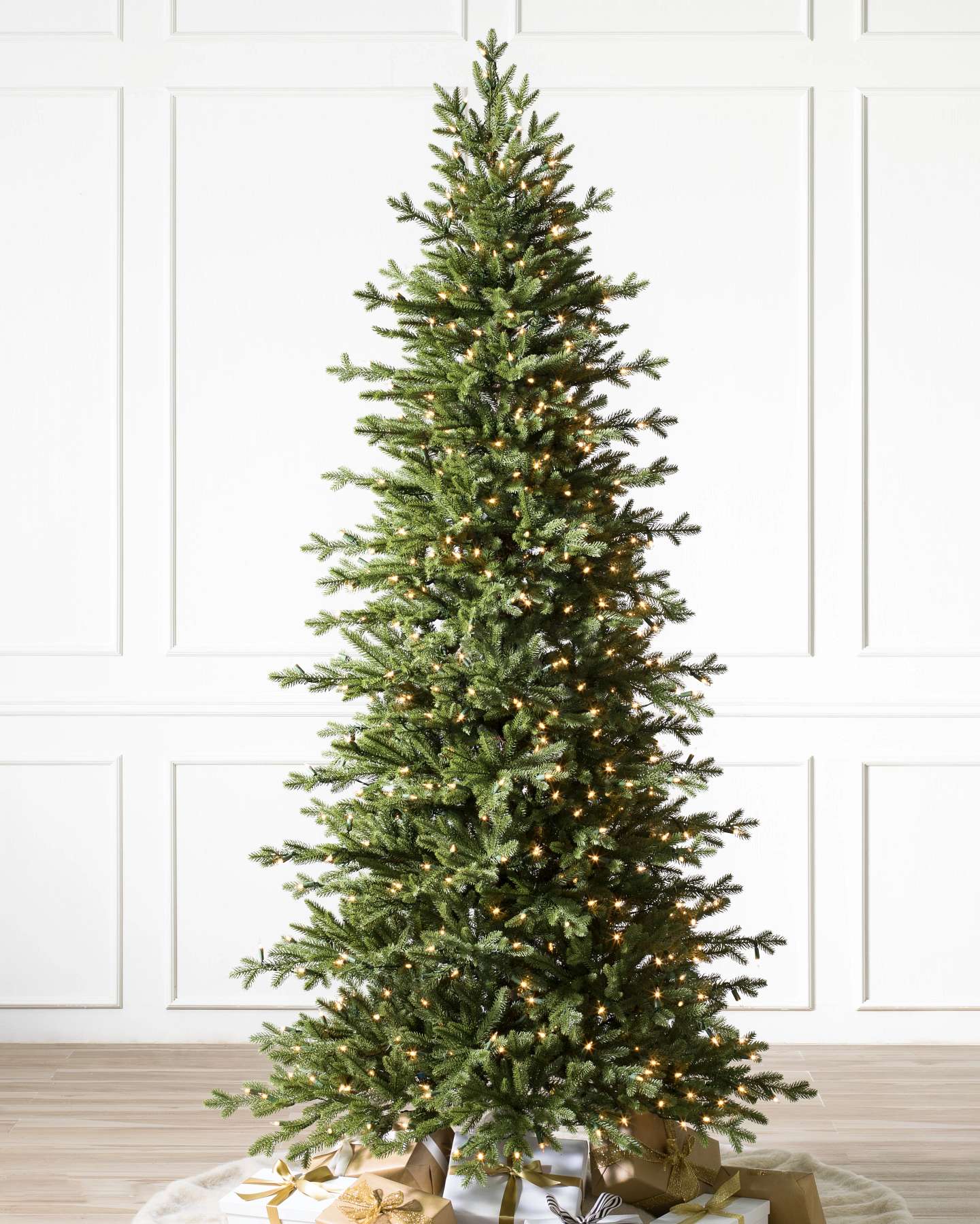 Balsam Hill Red Spruce Slim Flip Artificial Christmas Tree with Clear Lights Closeup