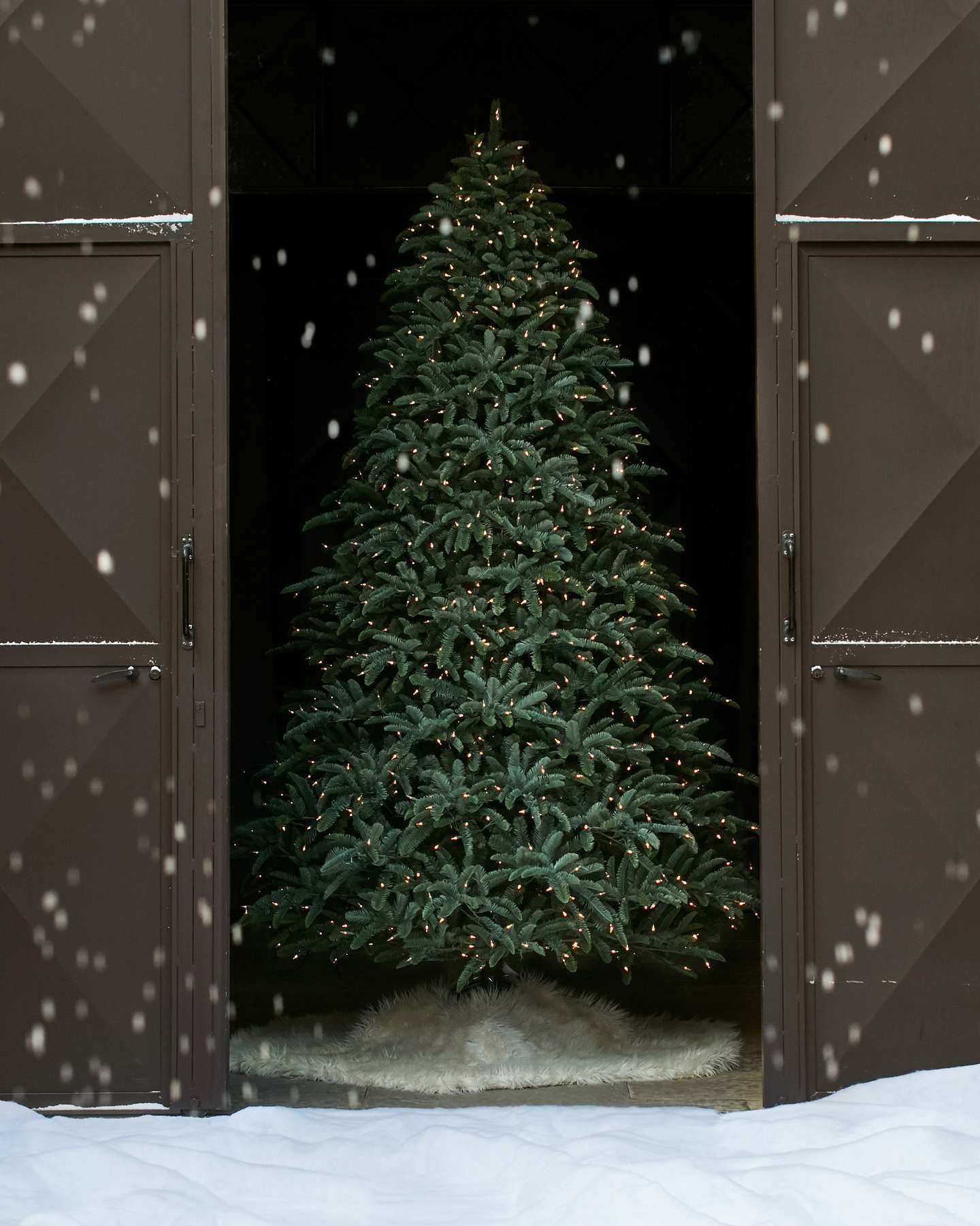 Balsam Hill Noble Fir Artificial Christmas Tree Lifestyle Display with Snow Falling Effect