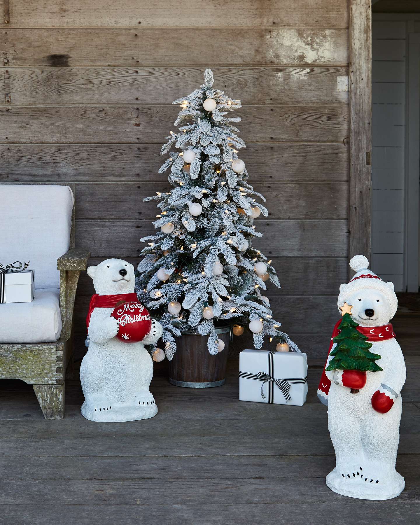 Balsam Hill Outdoor Snow Flurry Potted Artificial Christmas Tree in Cozy Setting