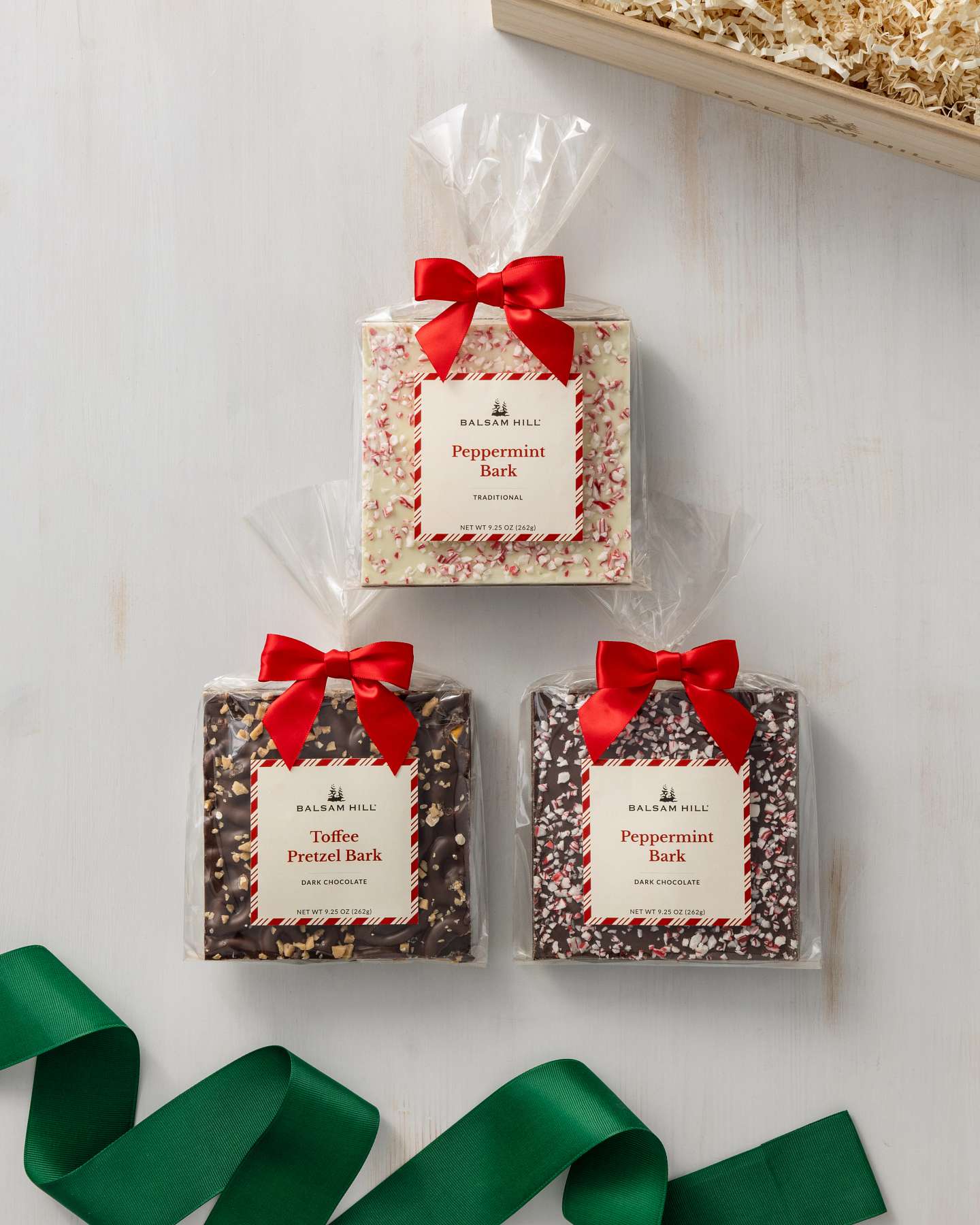 Balsam Hill Chocolate Bark Collection Gift Box Lifestyle Display Packaged with Red Ribbons