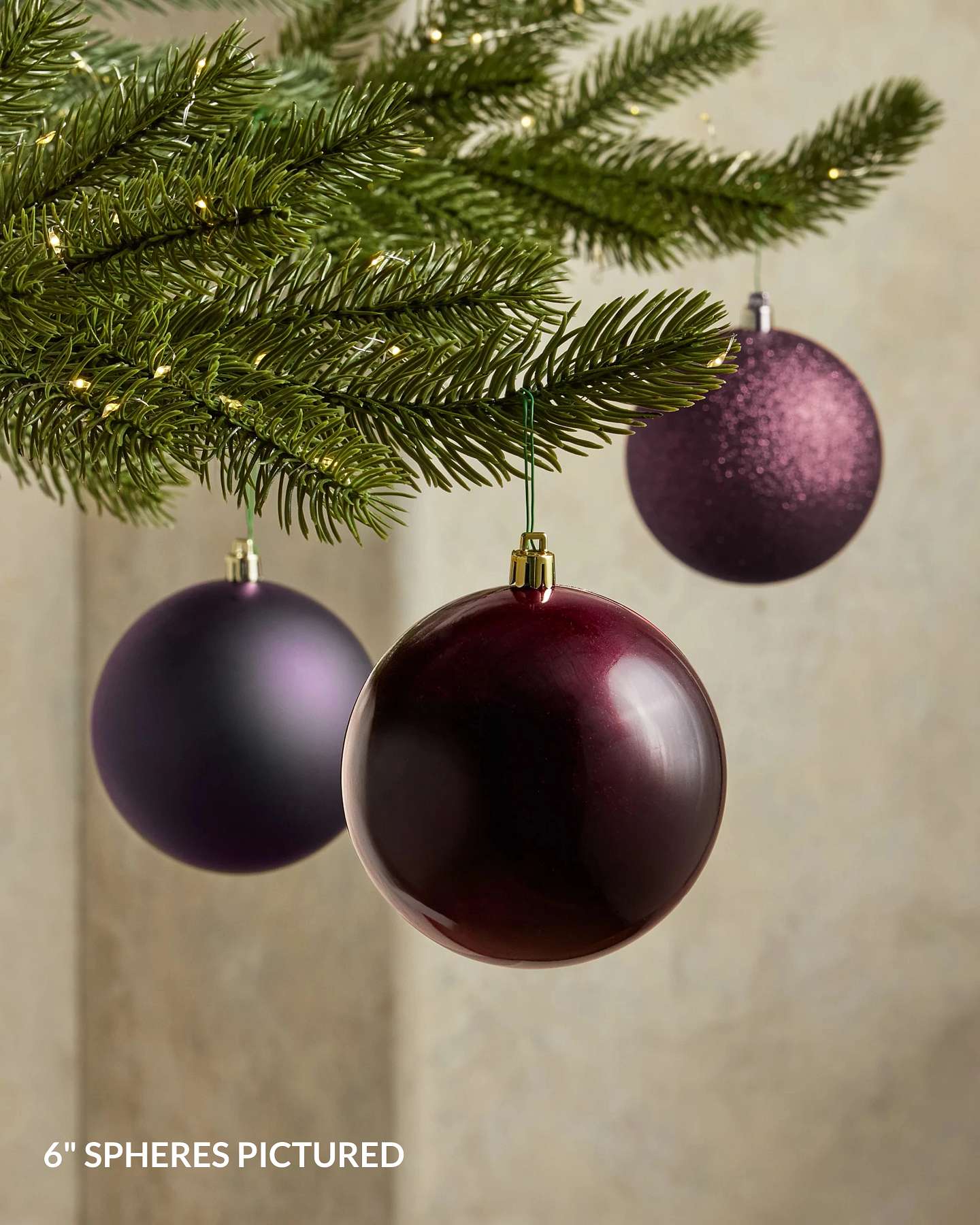 Balsam Hill Burgundy Shatter Resistant Artificial Christmas Ornament Set of 20 Close-Up