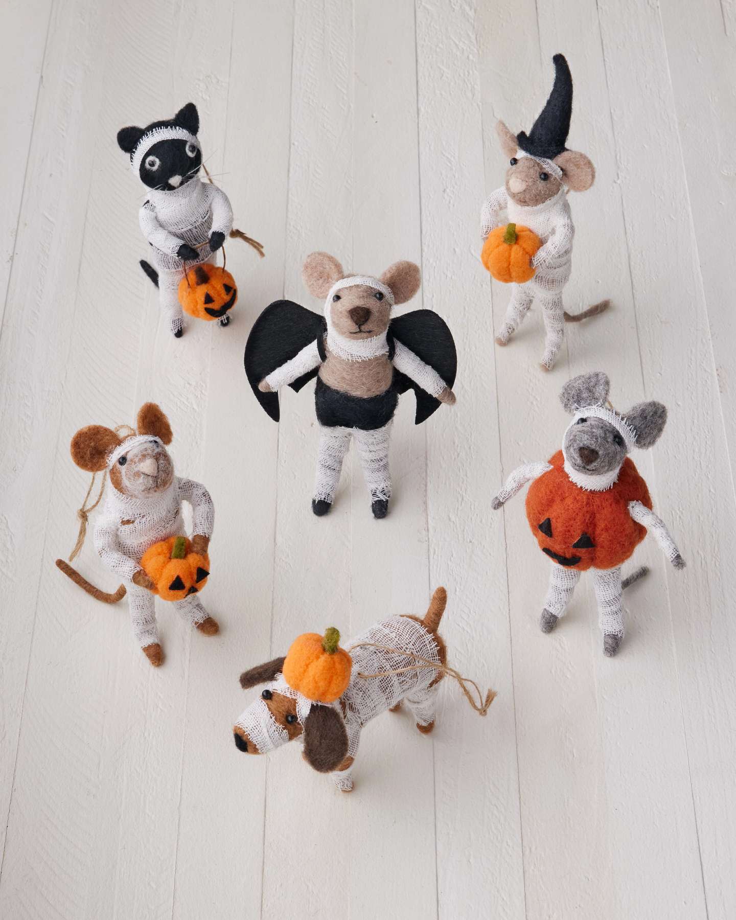 Balsam Hill Mummy Critters Felt Artificial Christmas Ornament Set Full View