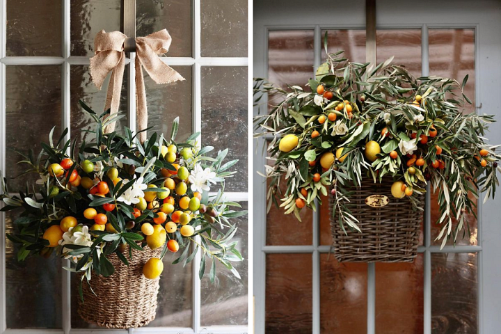 Artificial hanging baskets with flowers, trimmings, and fruits