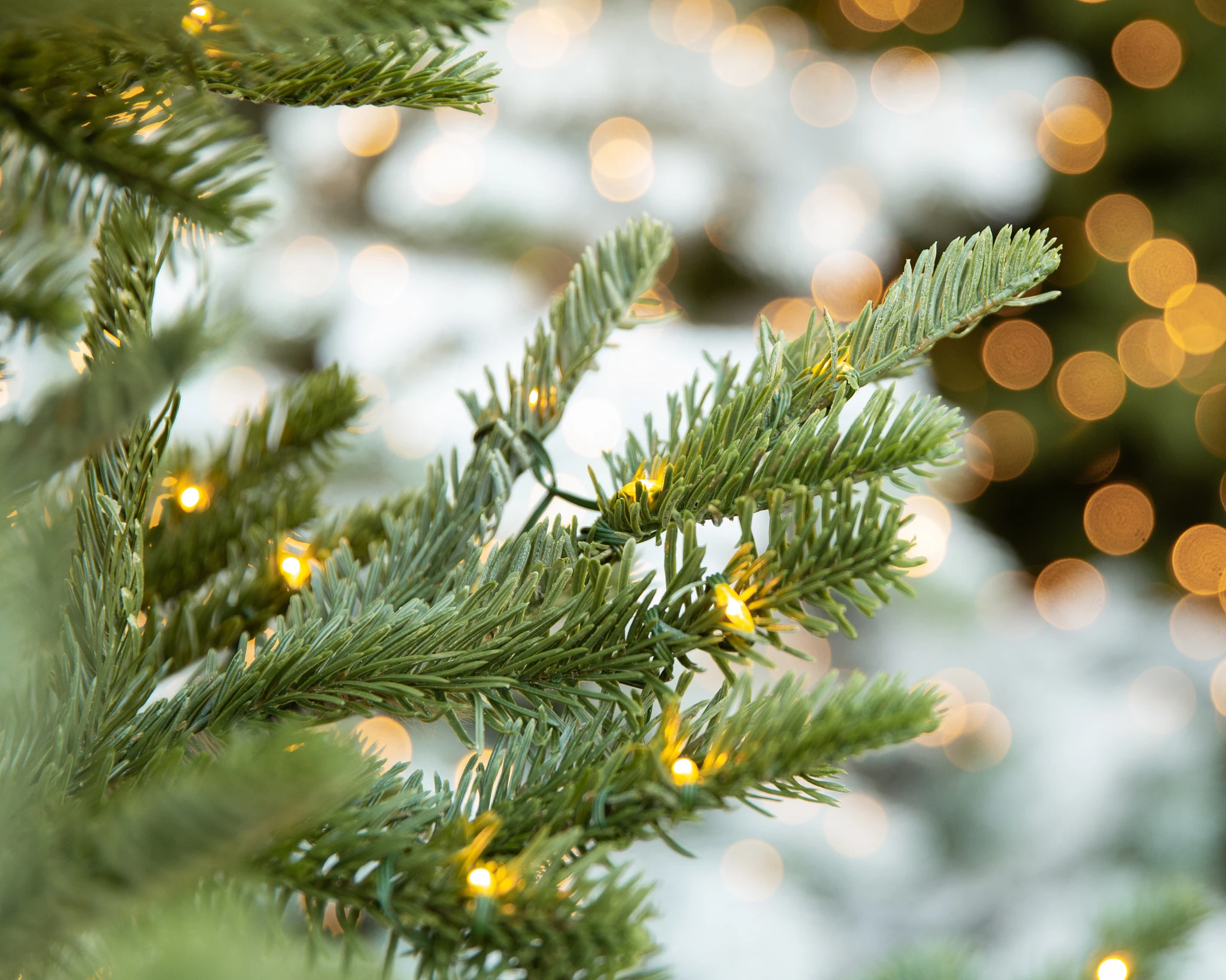 Close-up of artificial Christmas tree branch pre-lit with LED lights
