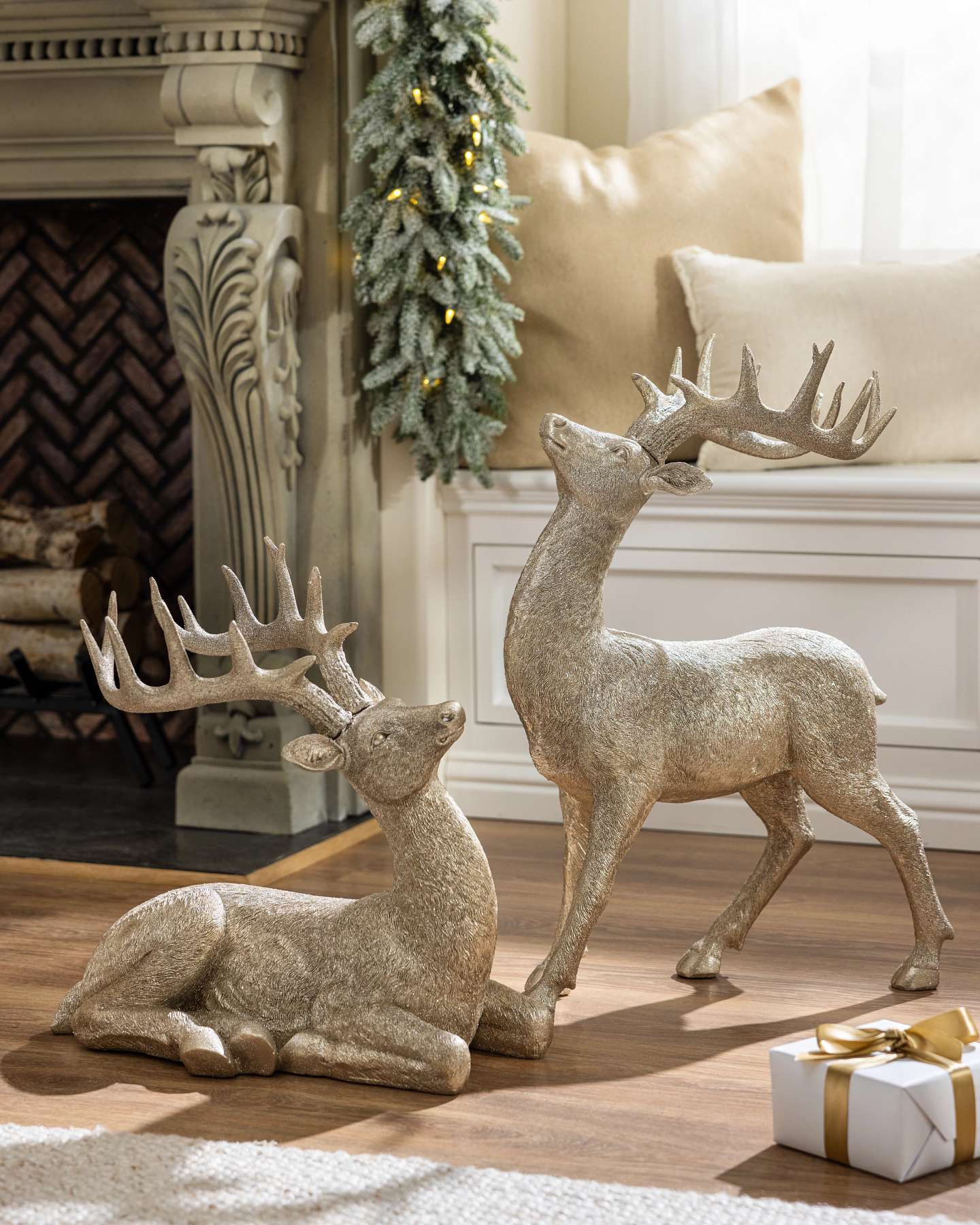 Balsam Hill Parisian Palace Gold Deer Figurine Set of 2 with Ornate Details