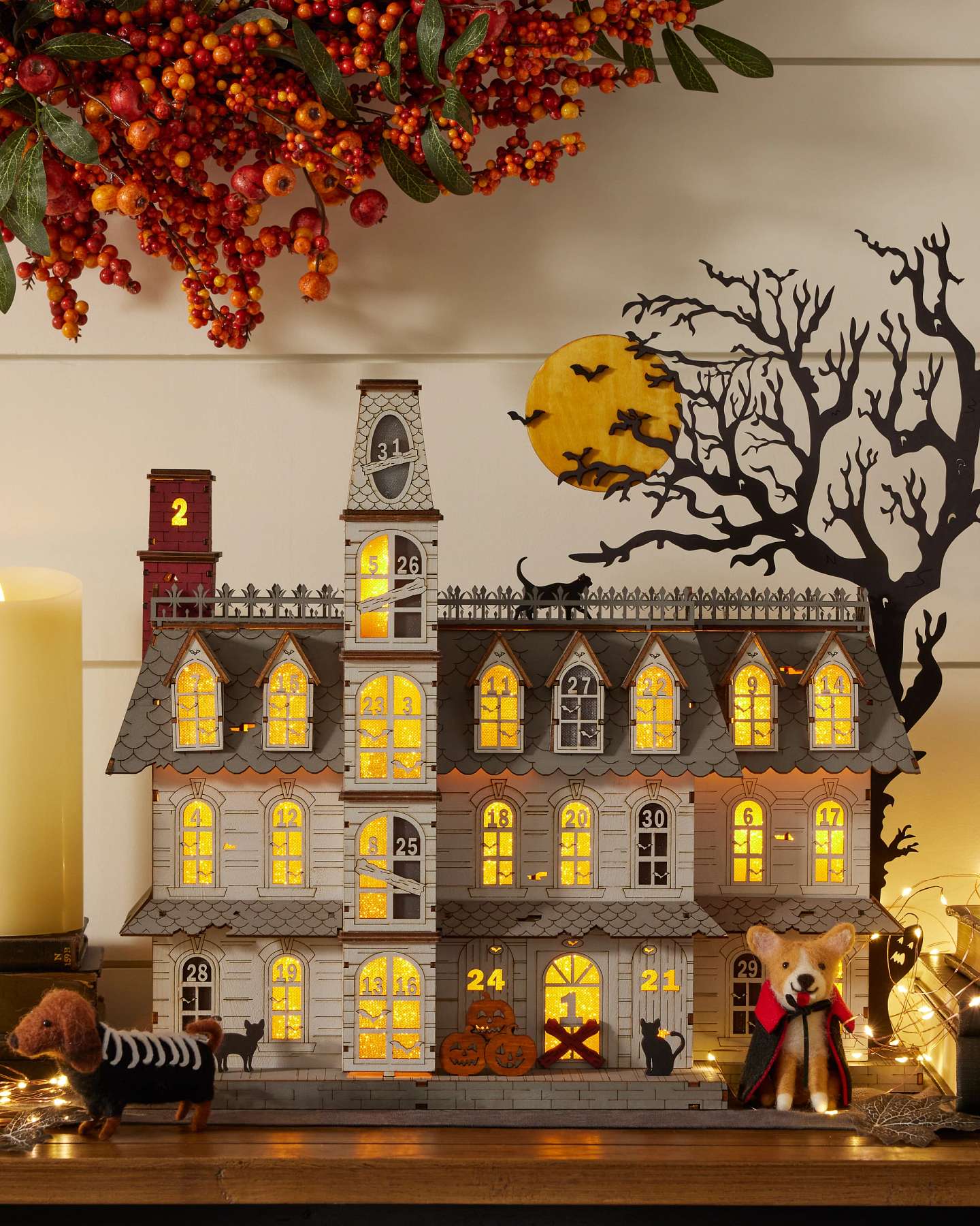 Balsam Hill Lit Wooden Halloween Countdown Calendar Displayed on Table