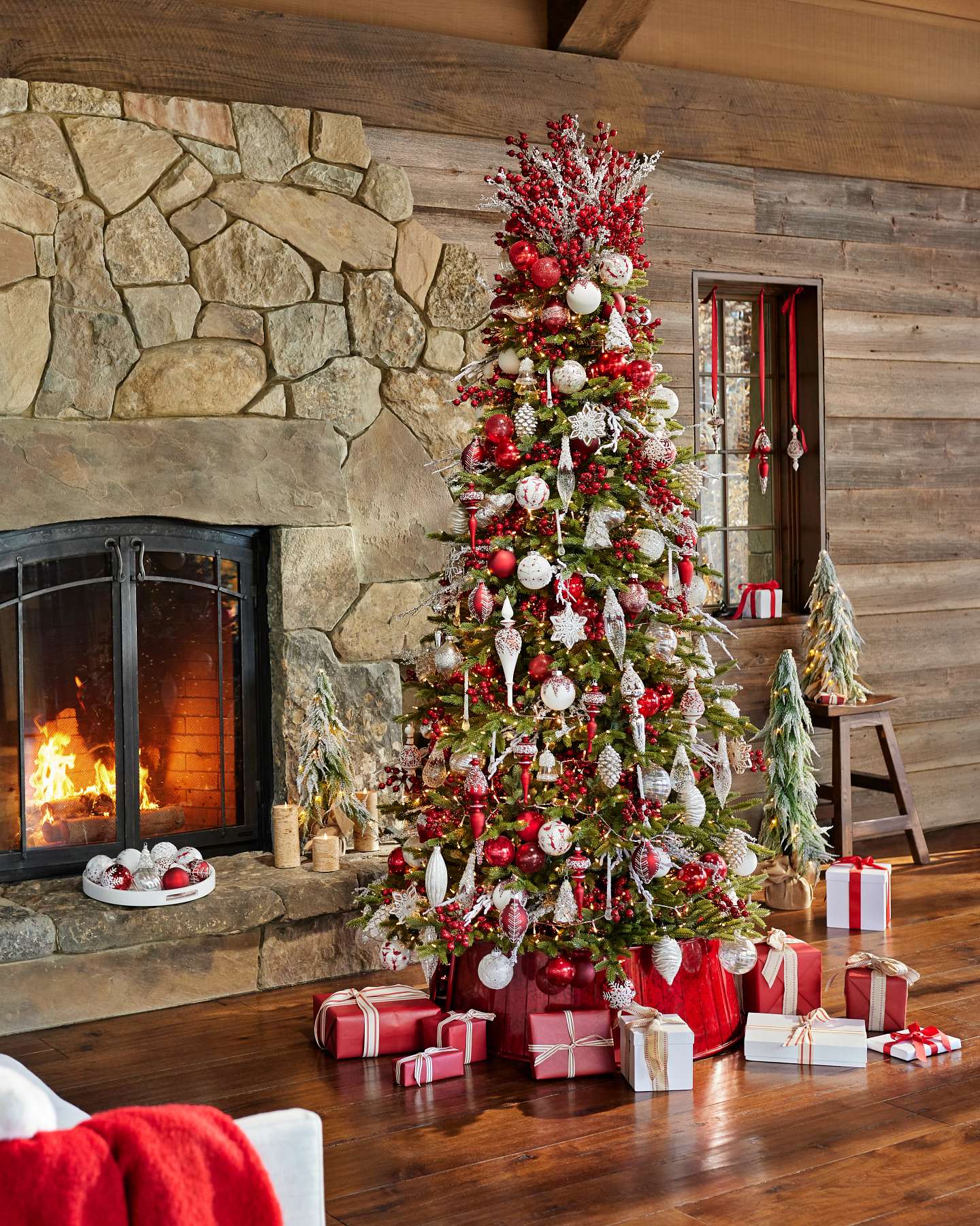 Balsam Hill Christmas Red Artificial Christmas Tree Collar Lifestyle Fireplace Display