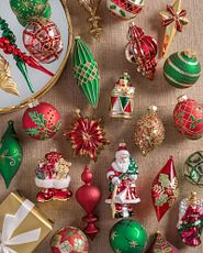 Assorted red, green, and gold Christmas ornaments