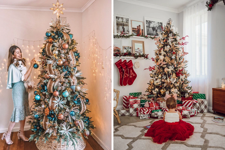 Two decorated Christmas trees with assorted colors and ornaments