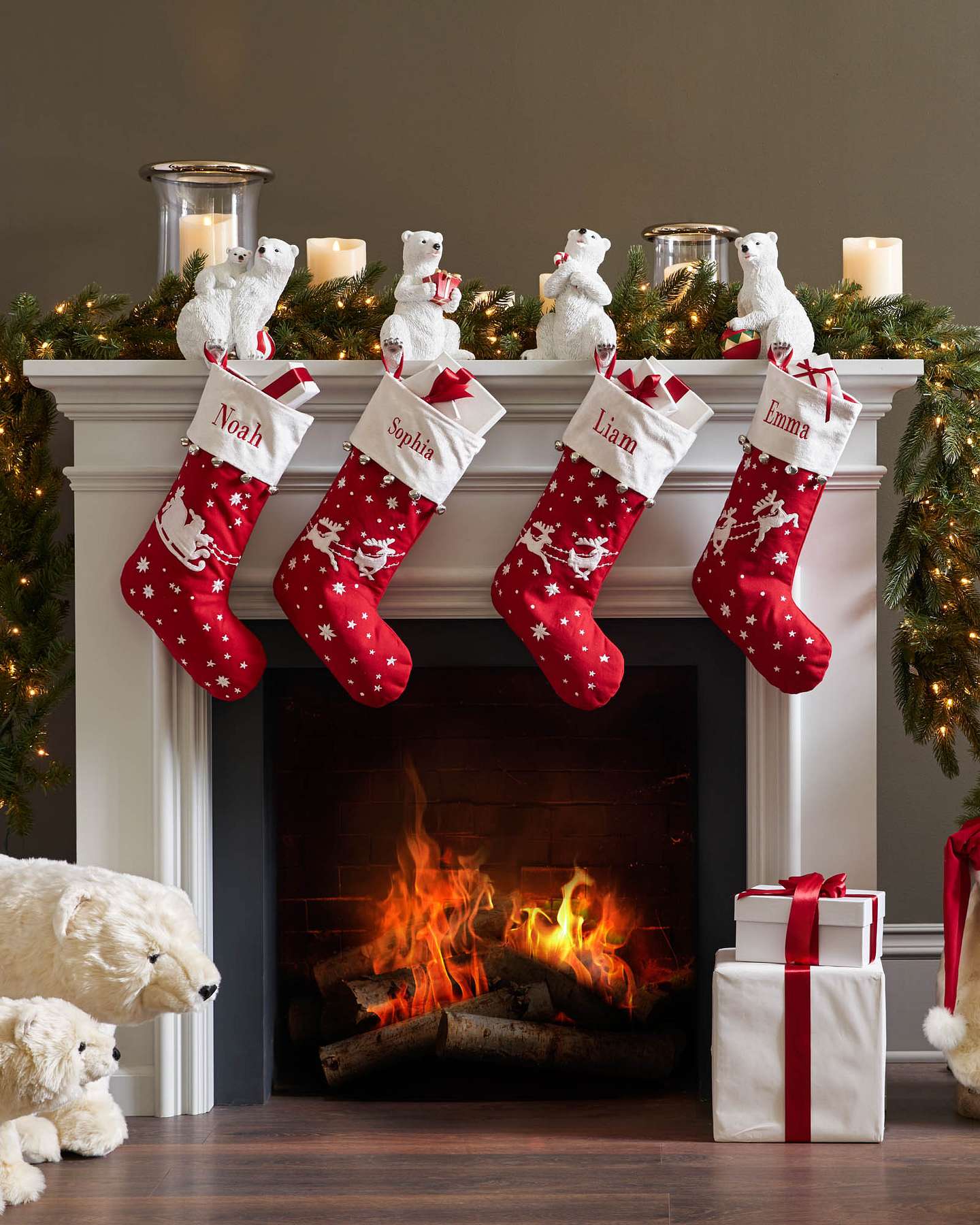 Balsam Hill Dashing Through The Snow Christmas Stocking Lifestyle Fireplace Display with Polar Bears