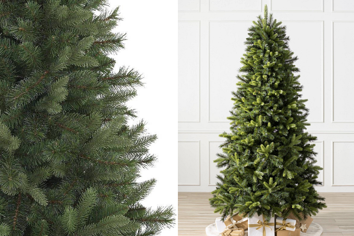 Un gros plan d'un sapin de Noël artificiel de type pin sylvester à gauche et une vue d'ensemble du sapin à droite