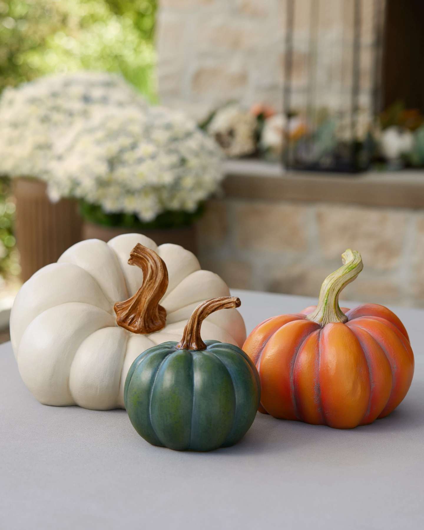 Balsam Hill Tabletop Outdoor Heirloom Pumpkins Set of 3 in a Cozy Fall Display
