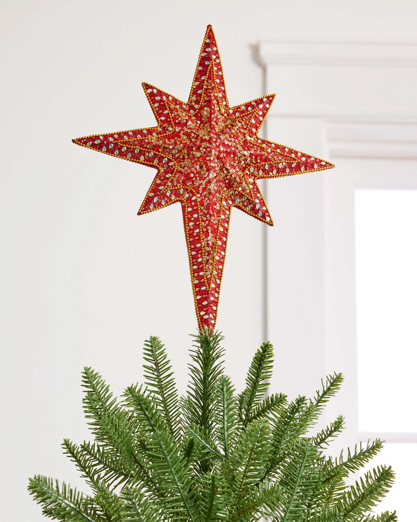 Balsam Hill 10-Inch Red Bethlehem Star Beaded Artificial Christmas Tree Topper Elegant Design