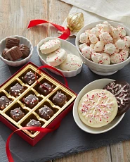 Peppermint chocolates on gray tablecloth