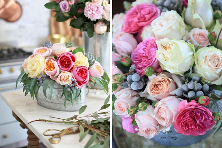 A collage of photos showing a flower arrangement after pruning