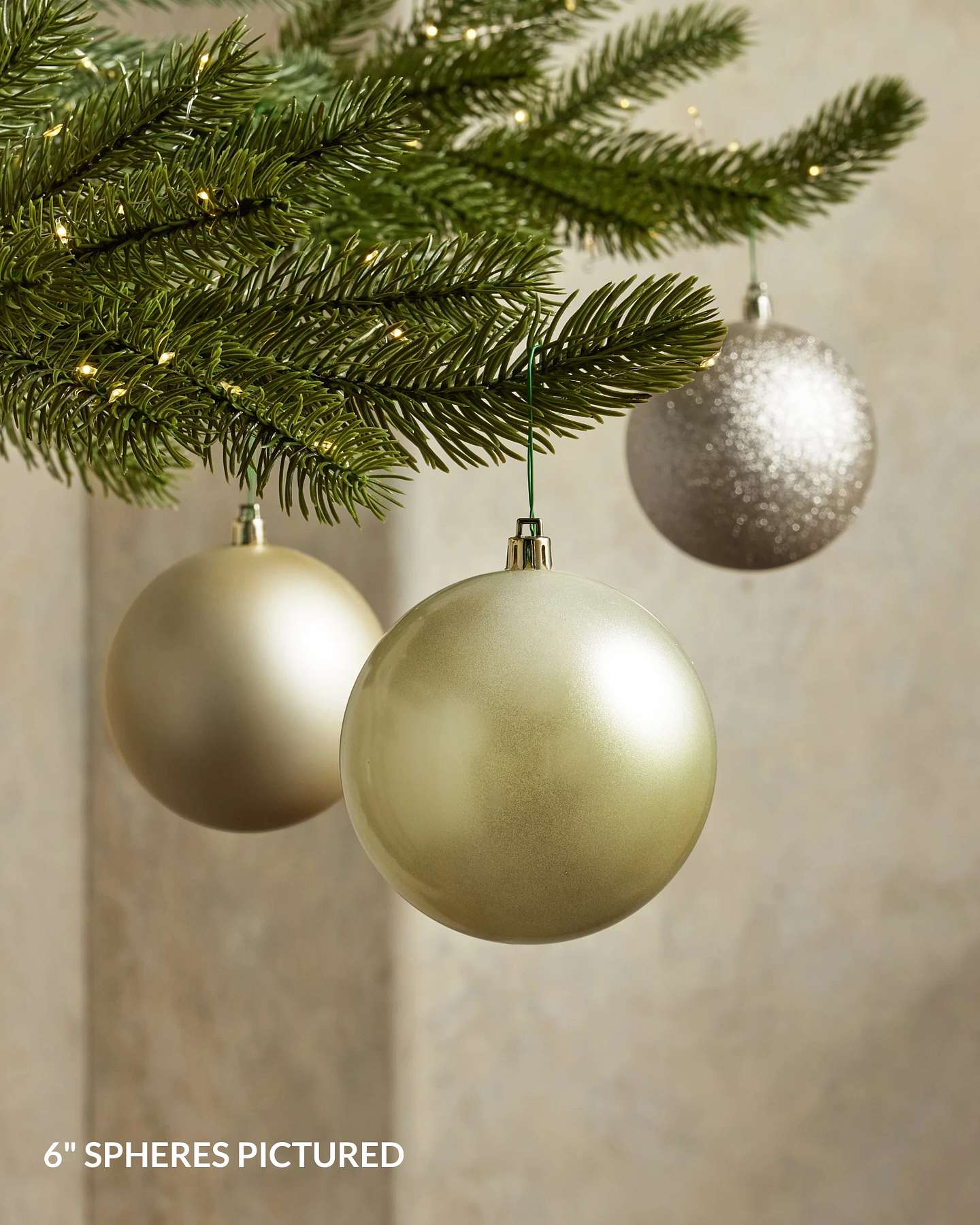 Balsam Hill Champagne Shatter Resistant Artificial Christmas Ornament Set of 20 Close-Up