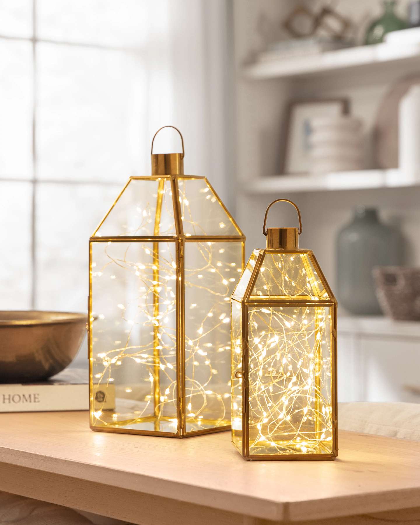 Balsam Hill Brass Fairy Light Lanterns Set of 2 Full Display