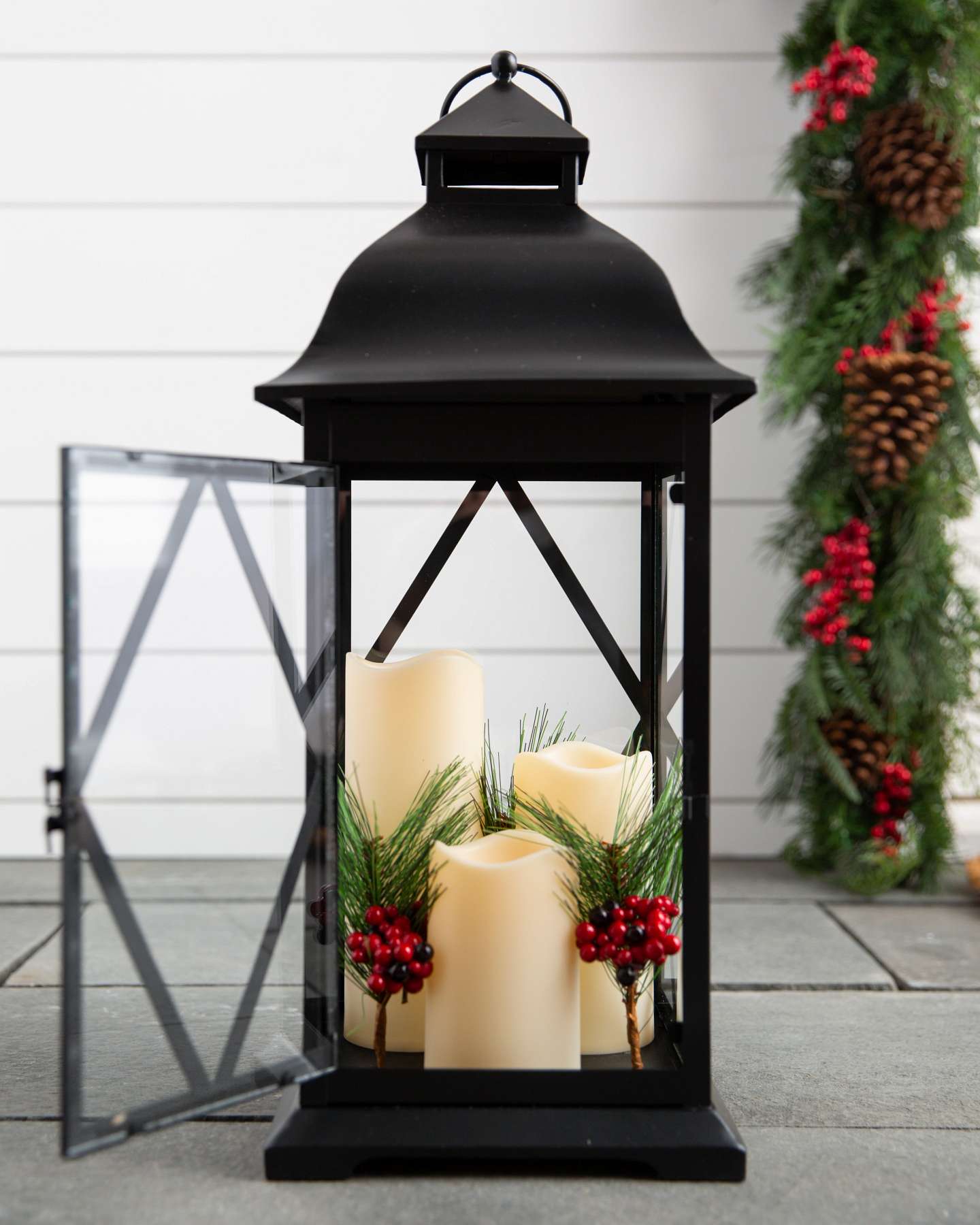 Balsam Hill Holiday Classic Lantern Closeup with 3 LED Candles Displayed