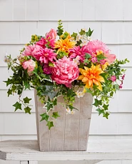Artificial potted flowers with peonies, daisies, dahlias, chrysanthemum, and lavender