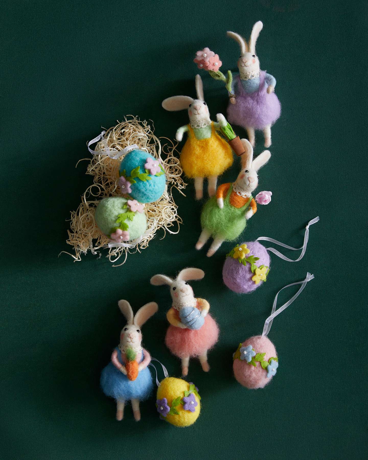 Balsam Hill Bunnies and Blooms Felt Christmas Ornament Set Display with Green Background