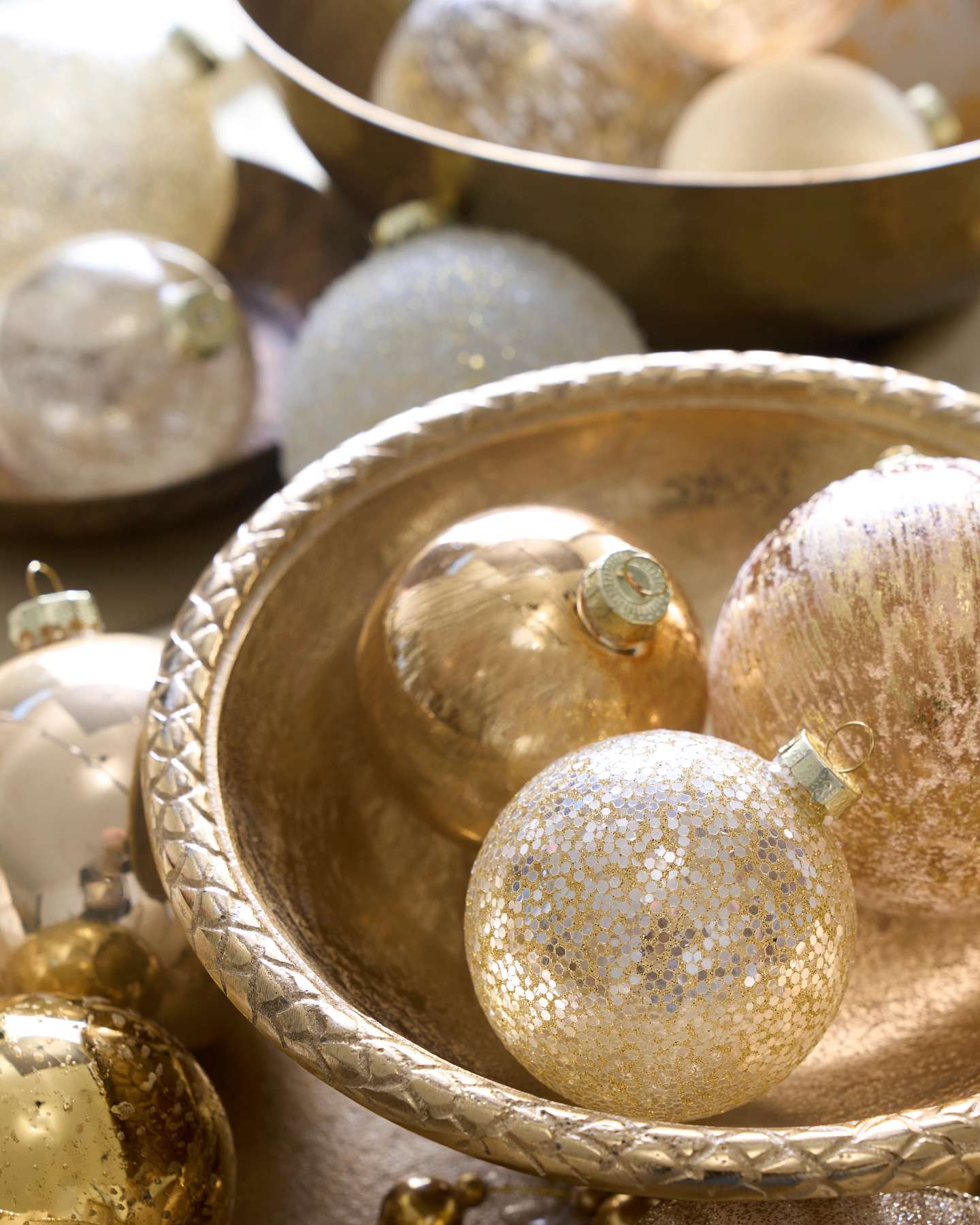 Balsam Hill Golden Glow Christmas Ornament Collection Lifestyle Display on Golden Bowl