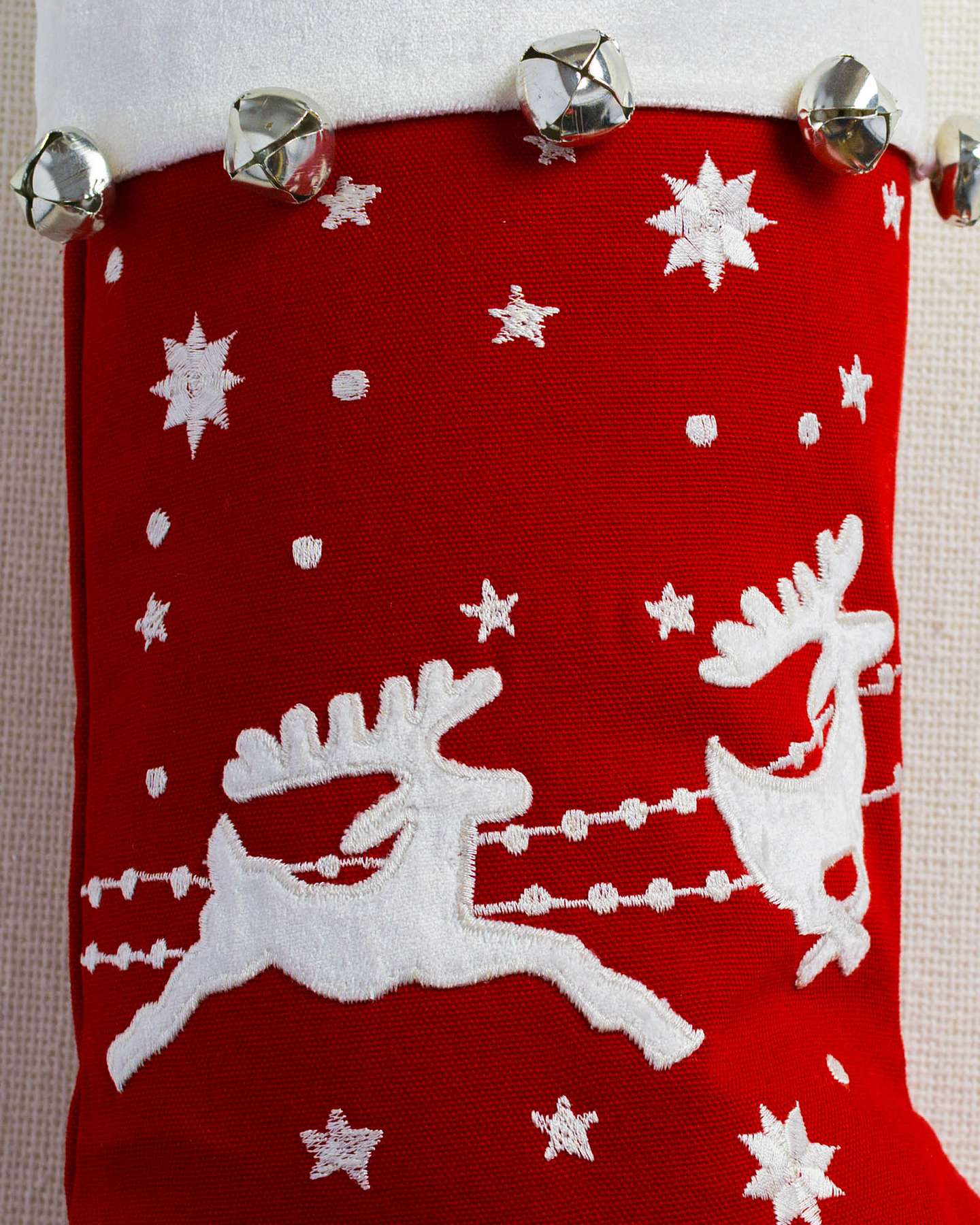 Balsam Hill Dashing Through The Snow Prancing Reindeer Christmas Stocking Closeup