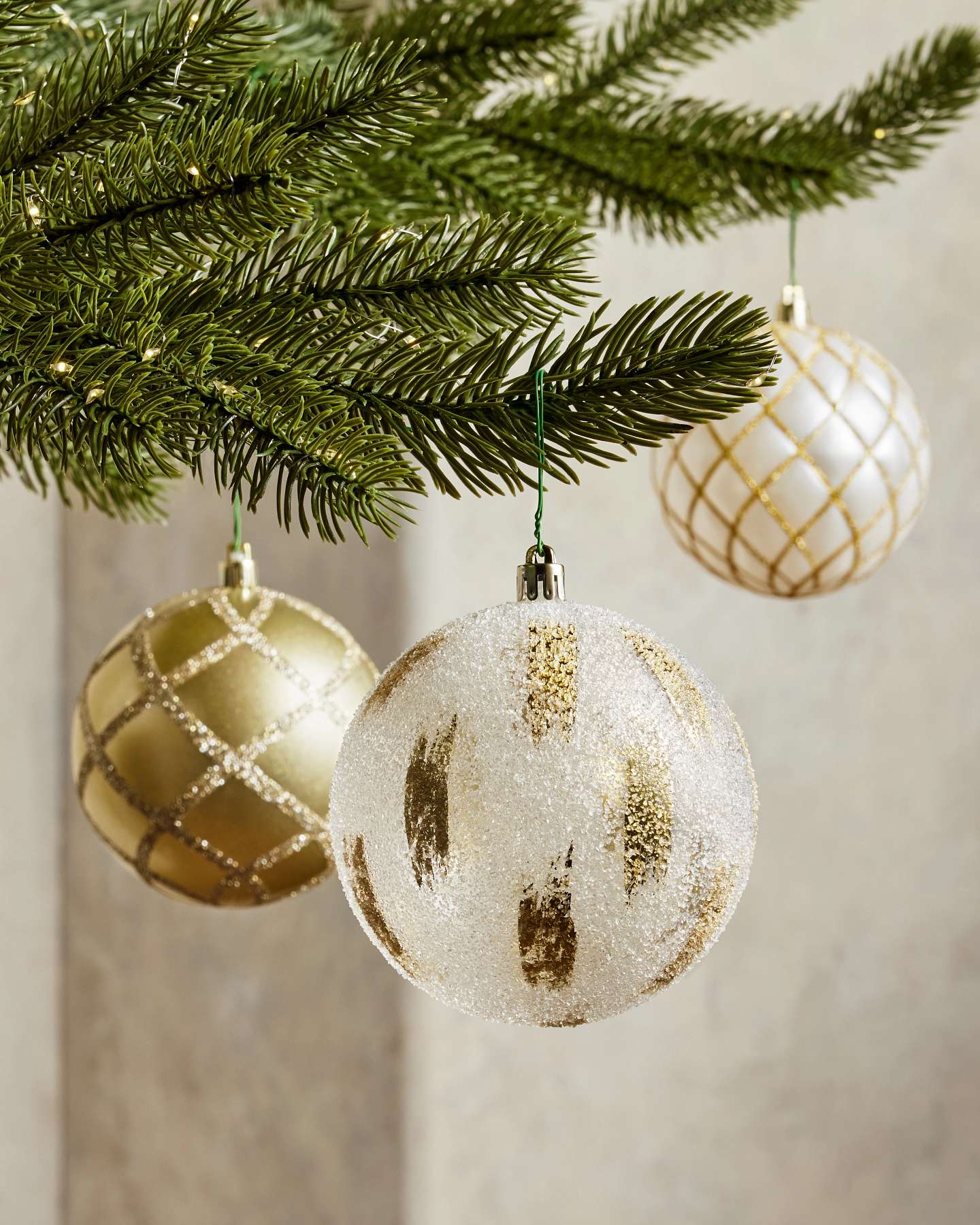 Balsam Hill Golden Grandeur Shatter Resistant Artificial Christmas Ornament Set Close-Up