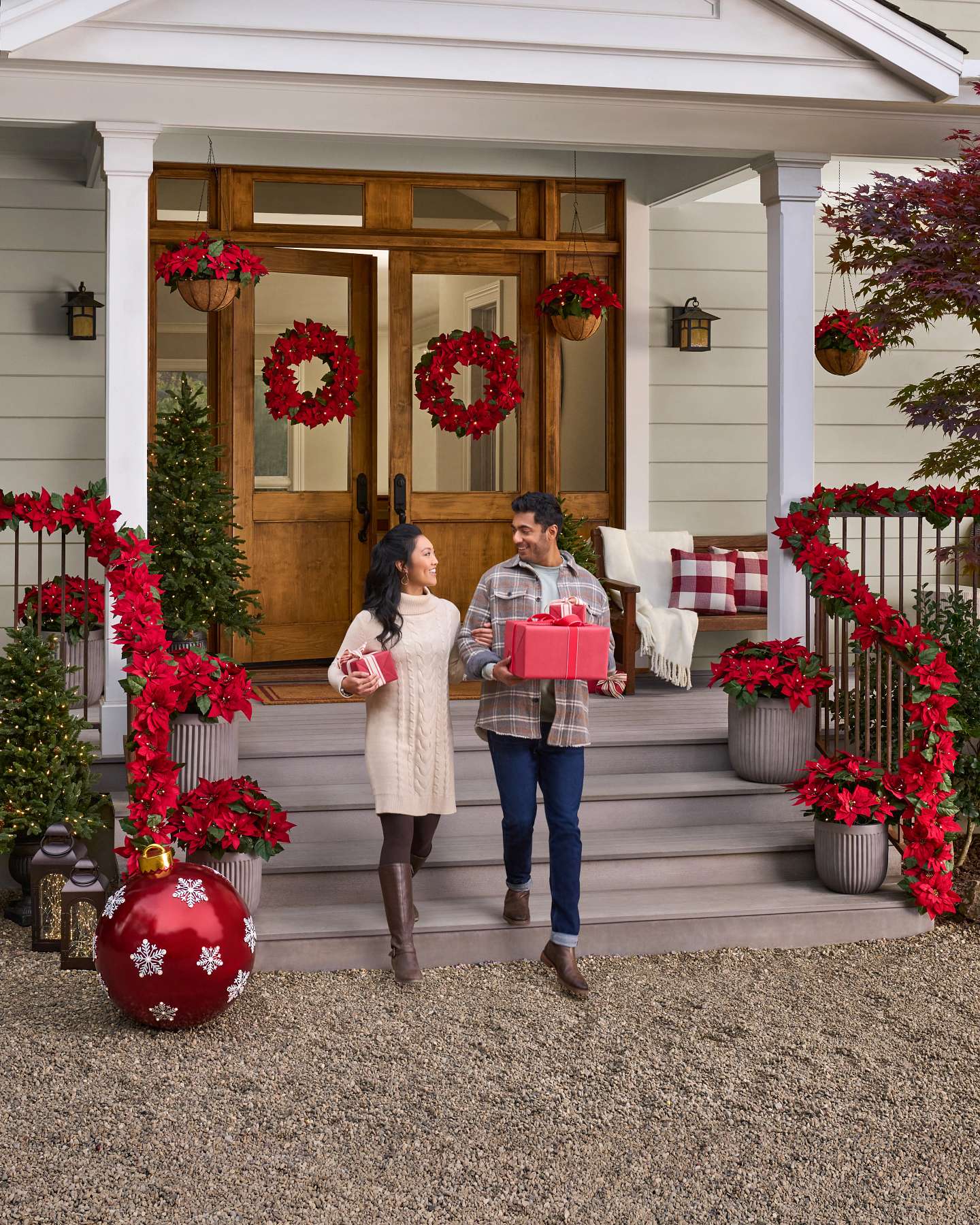 Balsam Hill Outdoor Lit Poinsettia Celebration Artificial Christmas Foliage Festive Scene