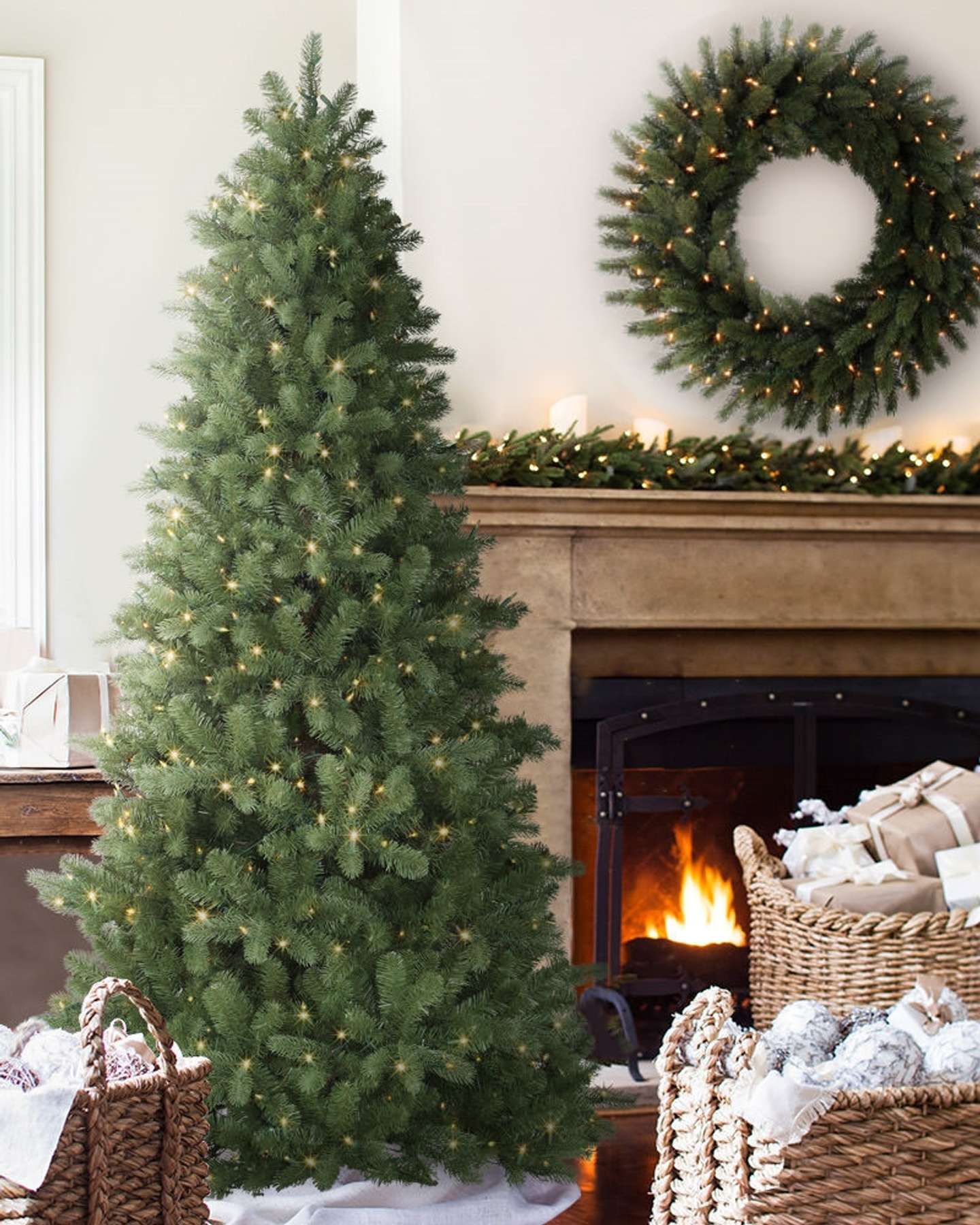 Balsam Hill Bellevue Spruce Artificial Christmas Tree Lifestyle Fireplace Display