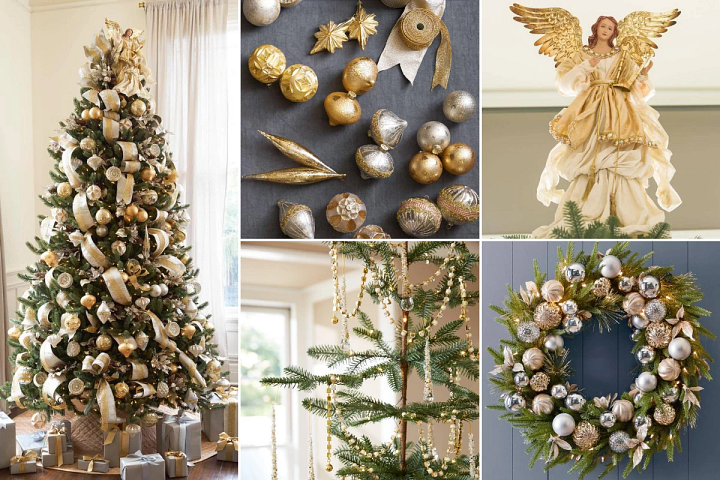 Christmas decorating ideas using silver and gold ornaments and accents for Christmas trees and wreaths