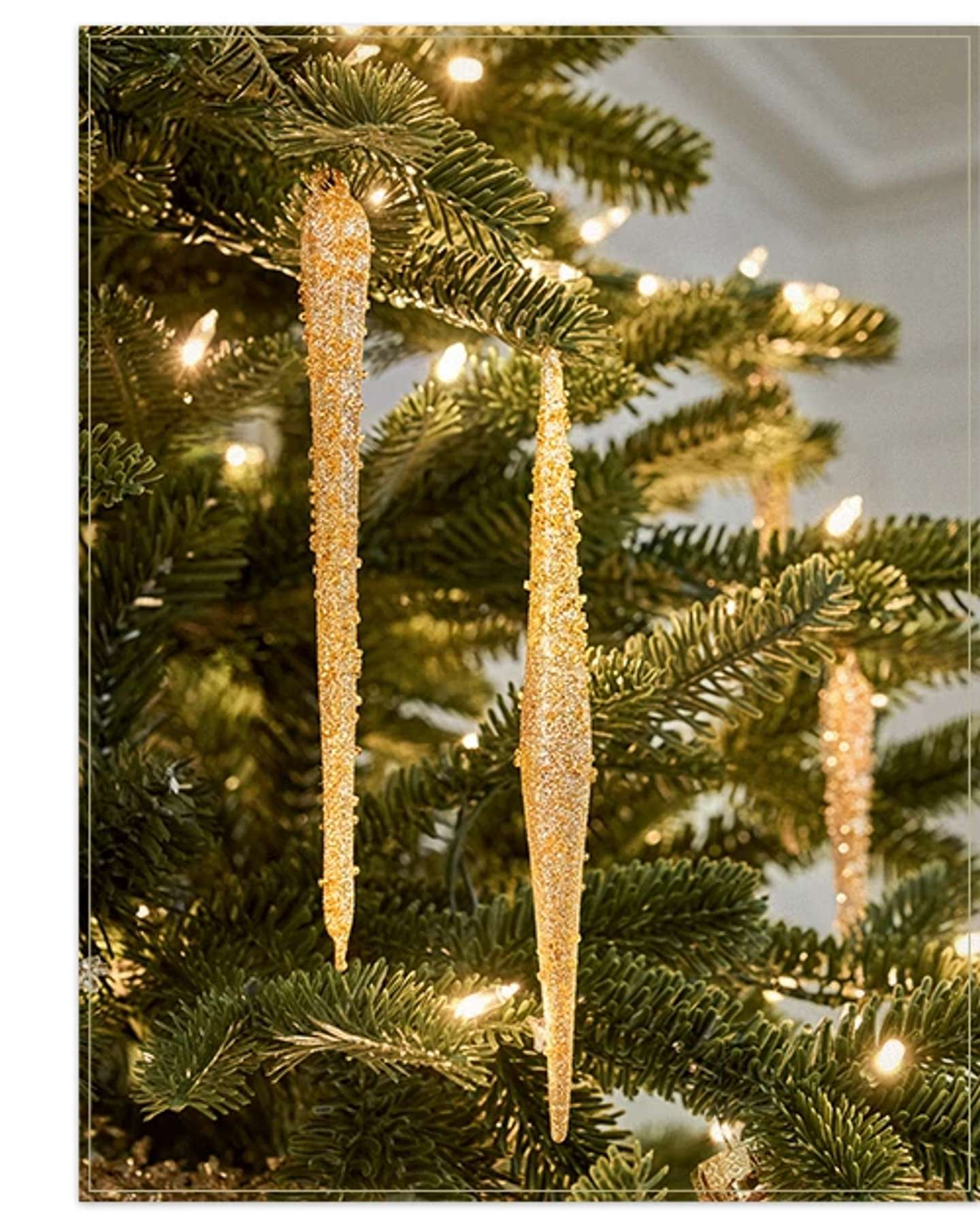 Balsam Hill Golden Glow Beaded Icicle Christmas Ornament Set of 8 Product Display