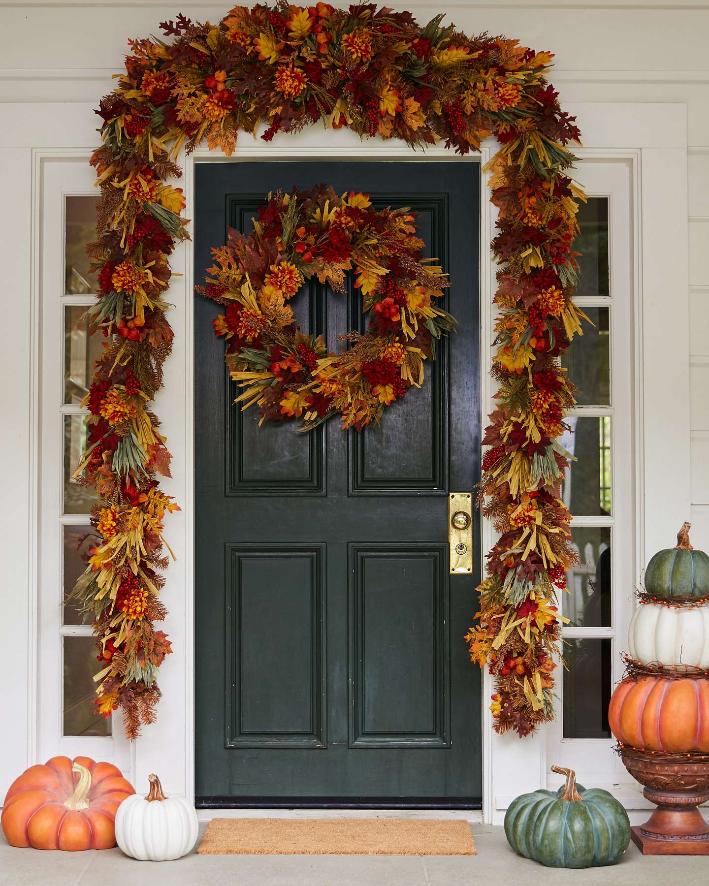 Balsam Hill Country Fields Artificial Fall Foliage Lifestyle Front Door Display