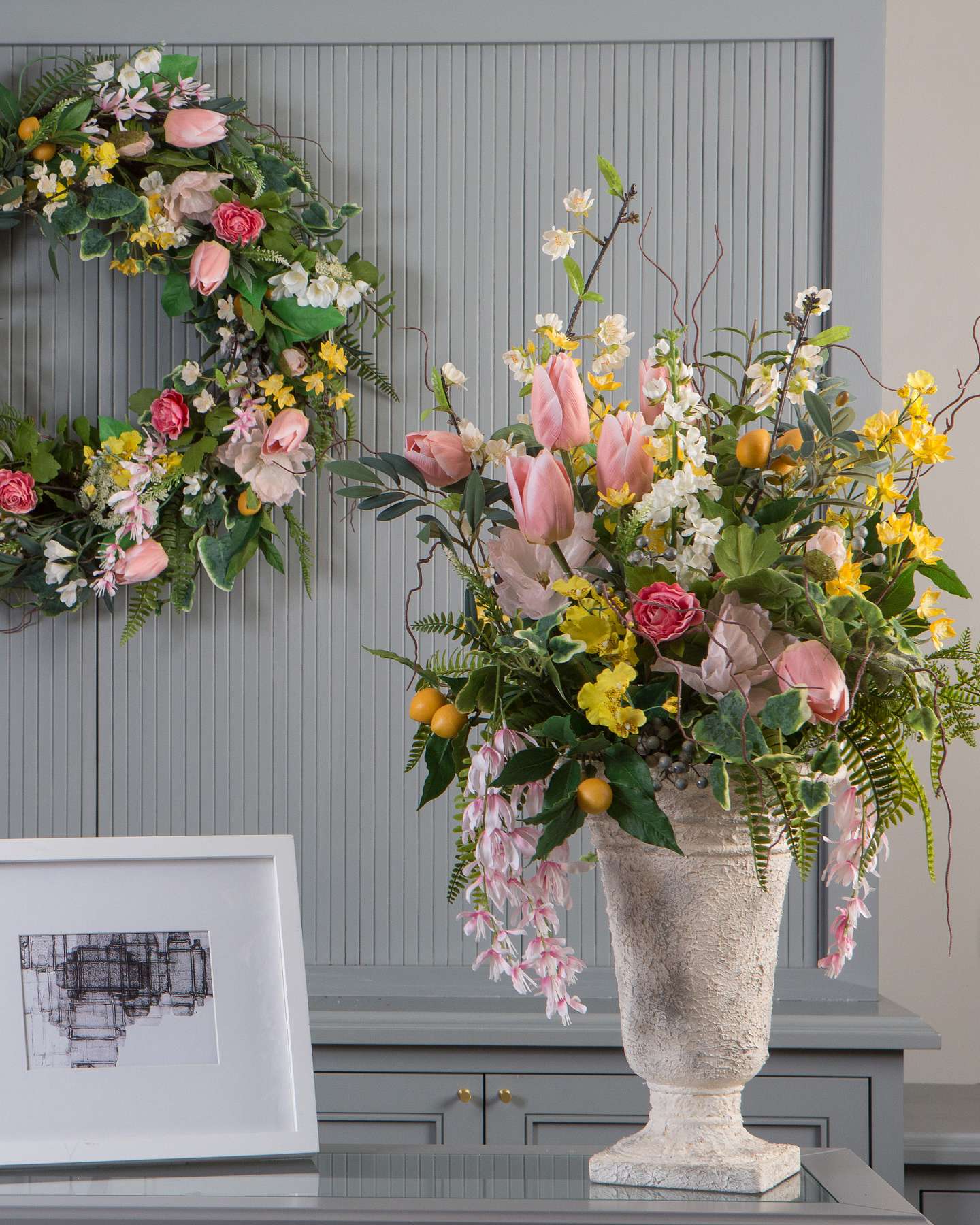 Balsam Hill Spring in Bloom Arrangement and Wreath in a Fresh Spring Setting
