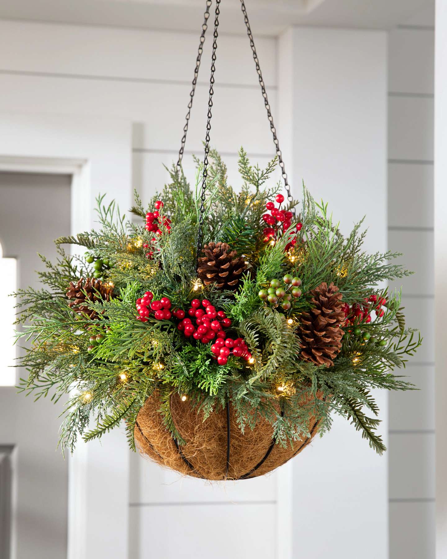 Balsam Hill Winter Evergreen Artificial Christmas Hanging Basket 18-Inch LED Setting