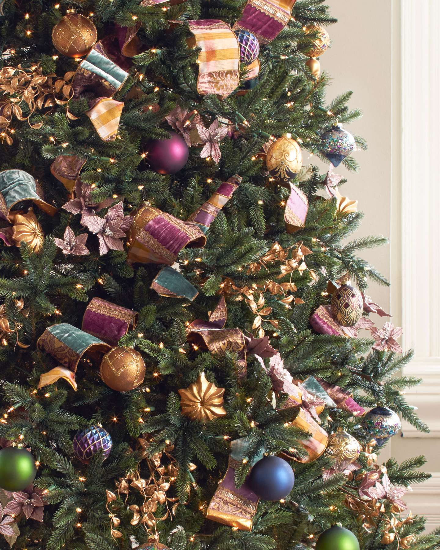 Balsam Hill California Baby Redwood Artificial Christmas Tree Lifestyle Display with Ornaments and Ribbons